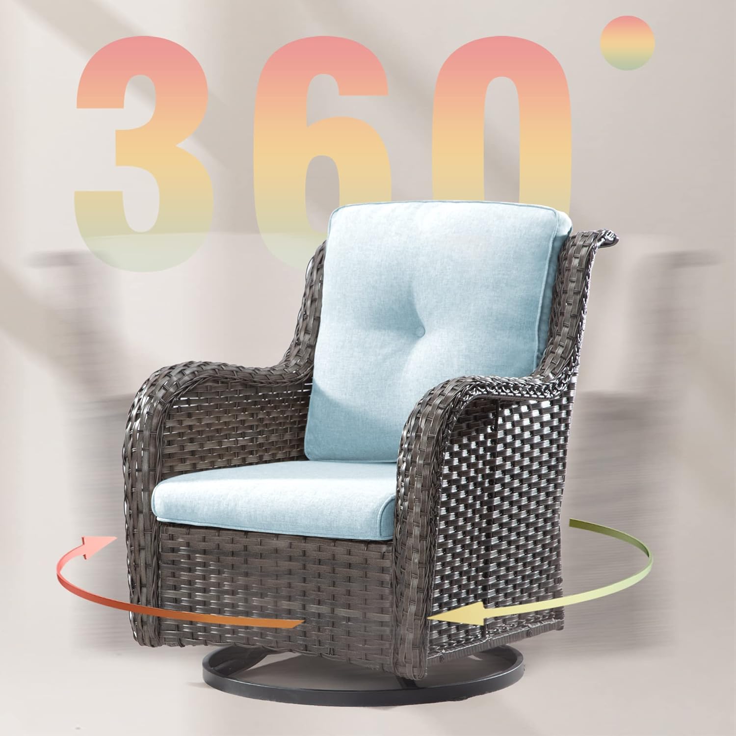 Silla giratoria para patio al aire libre, juego de conversación de mimbre para patio al aire libre con cojines de tela de olefina adecuados para
