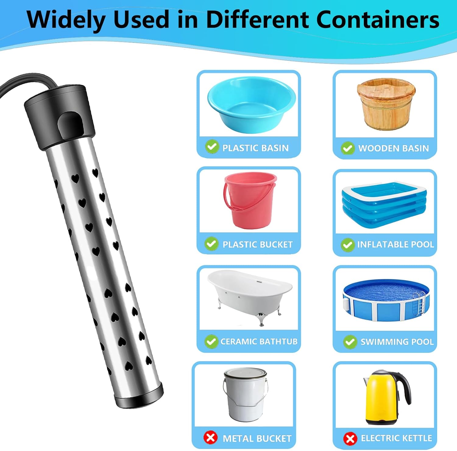 Calentador de piscina de 1500 W para piscina inflable sobre el suelo, calentador de agua de inmersión para bañera con control termostático e