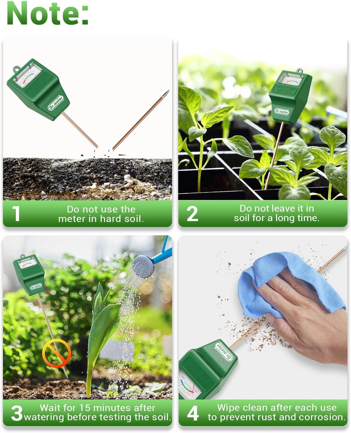 Medidor de humedad del suelo, paquete de 2 probadores de suelo de sonda larga higrómetro para plantas de interior, medidor de agua para plantas de