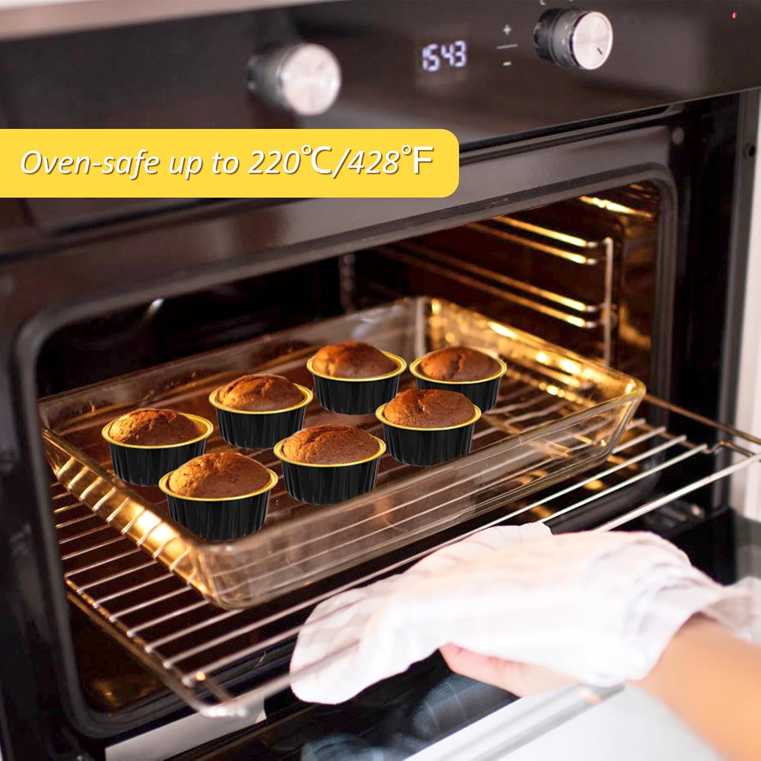 Mini moldes para pasteles con tapas y cucharas (paquete de 100 moldes negros de 5 onzas), moldes desechables redondos  Forros resistentes de
