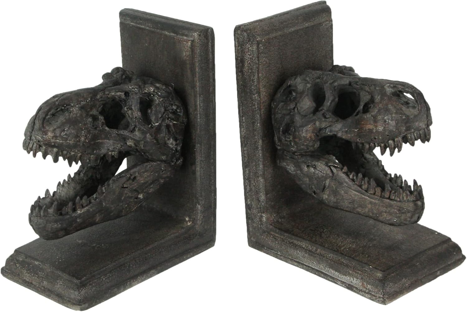 Things2Die4 2 sujetalibros decorativos de resina, tiranosaurio Rex T-Rex, diseño de cráneo, color marrón, 6.5 pulgadas