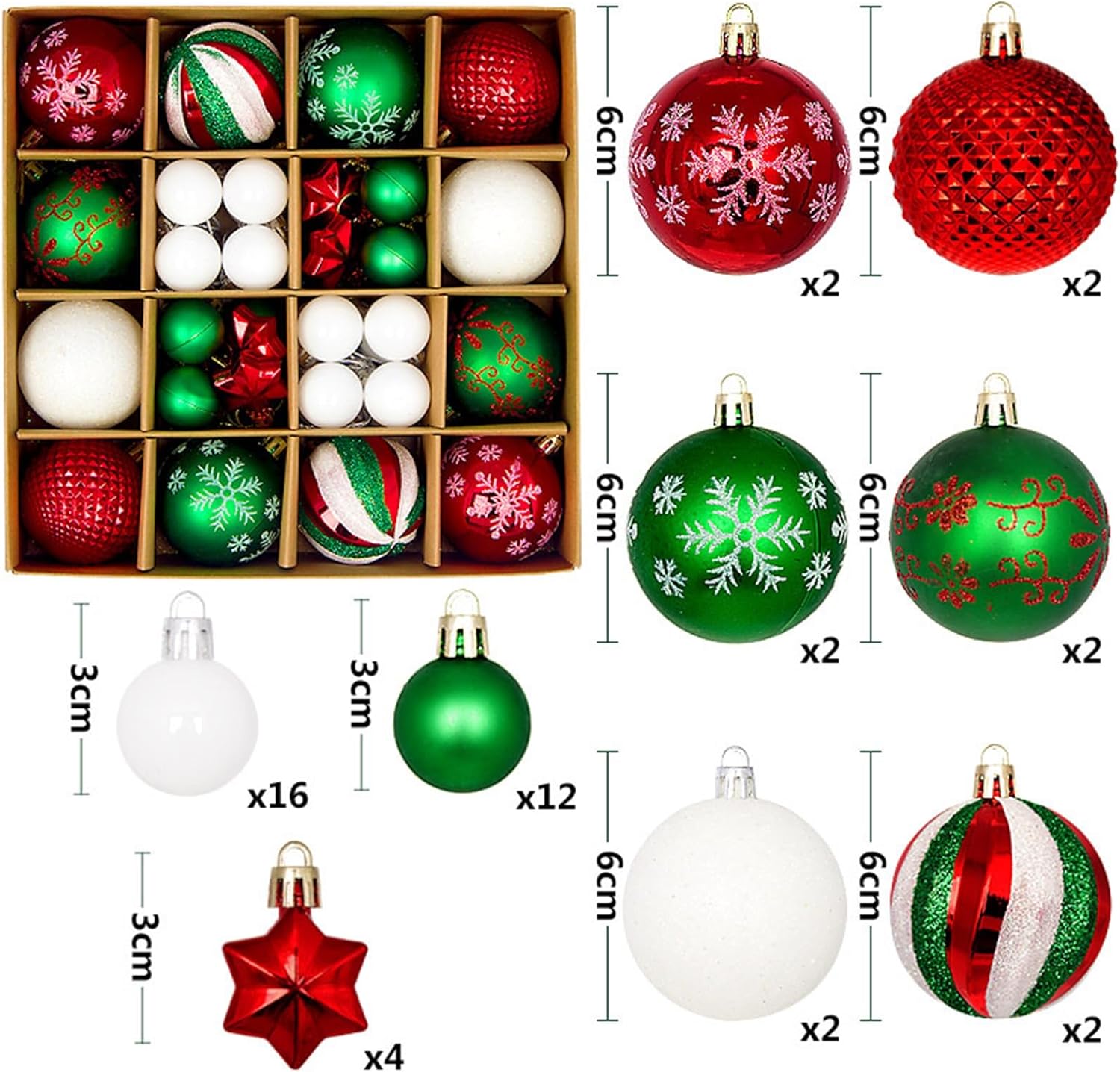 44 bolas de Navidad para decorar el árbol de Navidad, adornos colgantes de Navidad brillantes, adornos colgantes de Navidad negro y dorado (rojo,