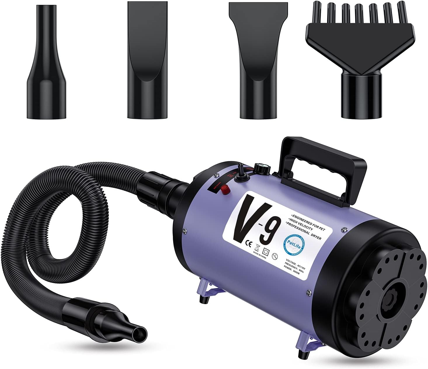 Secador profesional de 4.3 HP, soplador de pelo de perro ajustable de velocidad variable, secadora de aseo para perros con calentador de bajo ruido