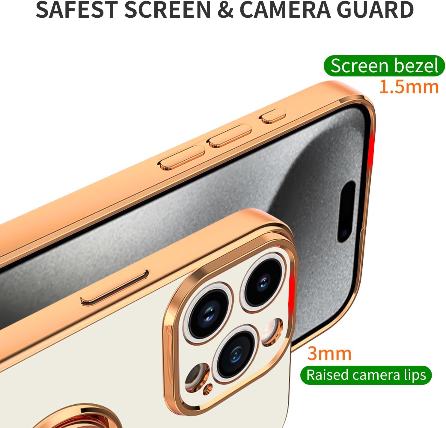 Funda blanca para iPhone 15 Pro Max con soporte de anillo con magnético parachoques de TPU suave, cubierta galvanizada dorada con purpurina, funda