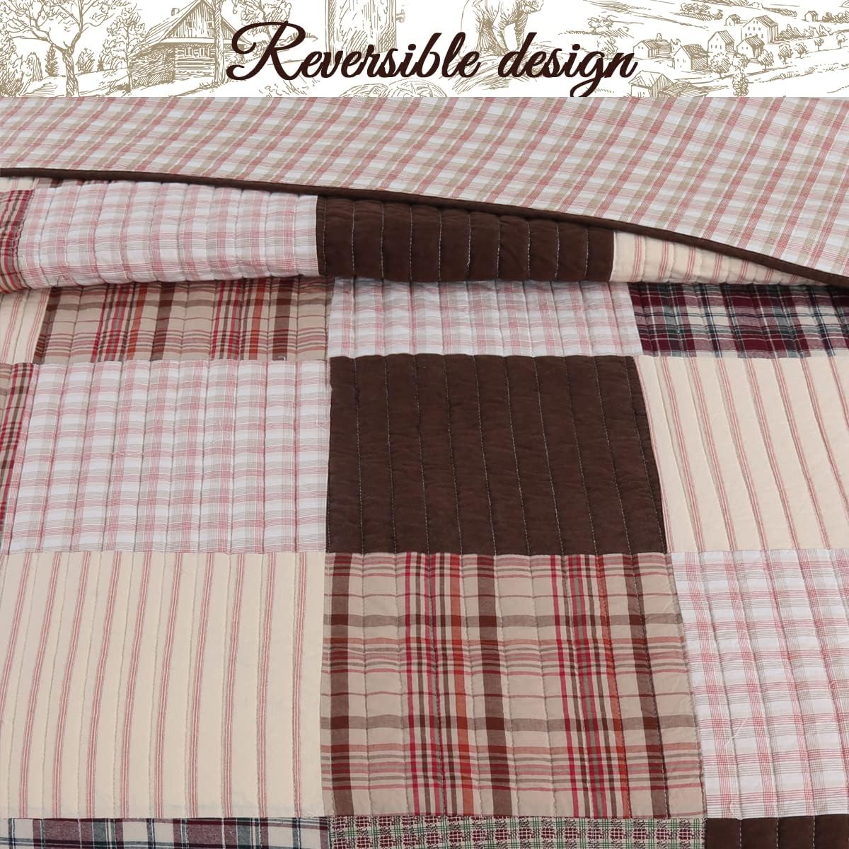 Cozy Line Home Fashions Brody Farmhouse – Juego de ropa de cama reversible con diseño de retazos reales a rayas de chocolate (cuadros marrones,