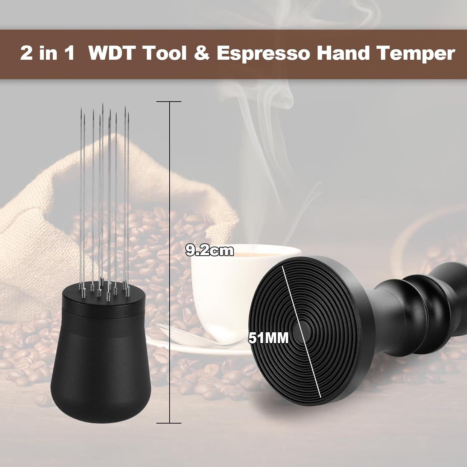 2 en 1 herramienta WDT mejorada Espresso con base de ondulación de café, juego de herramientas de distribución de expreso, 10 agujas de acero