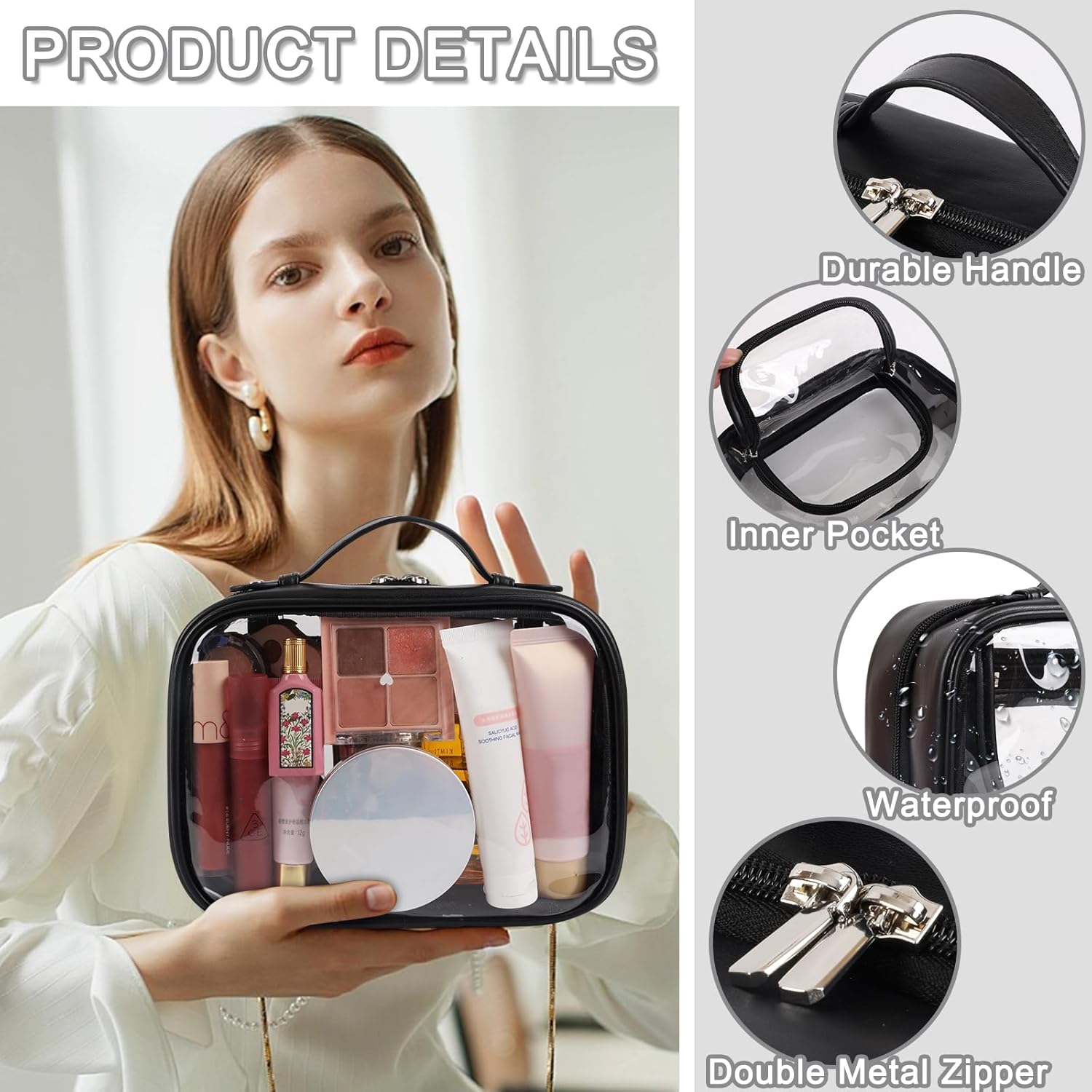 Neceser de viaje transparente aprobado por la TSA de 2 capas, organizador de maquillaje de gran capacidad, Negro -, Neceser de viaje transparente de