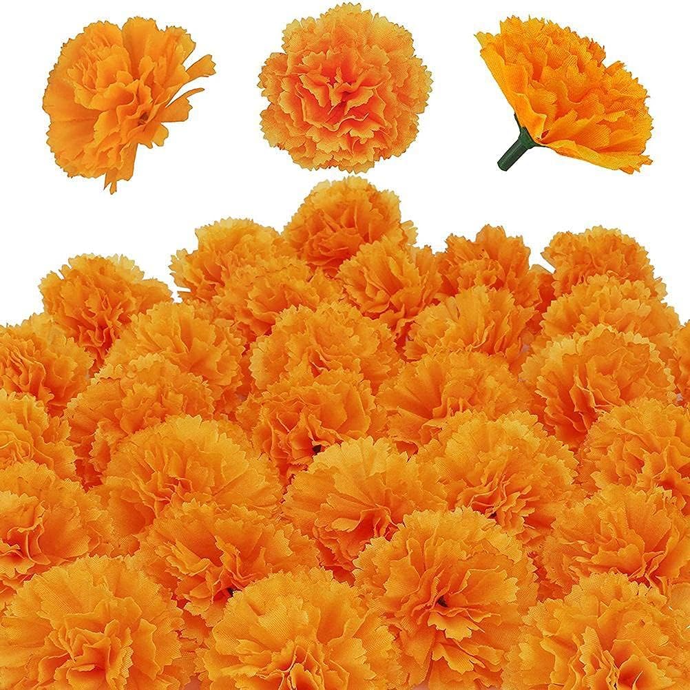 30 flores artificiales de caléndula, cabezas de flores de caléndula de seda a granel, decoraciones de flores de caléndula naranja para festivales