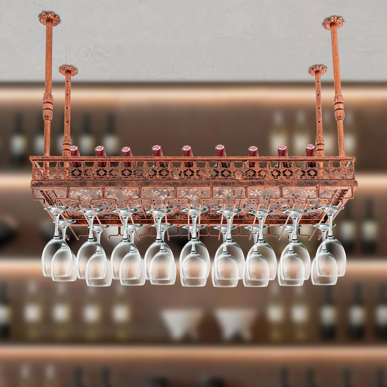 Estante de techo para copas de vino, 35.5 x 14 pulgadas, estante colgante para vino con soporte para vidrio y estante, barra de techo de metal