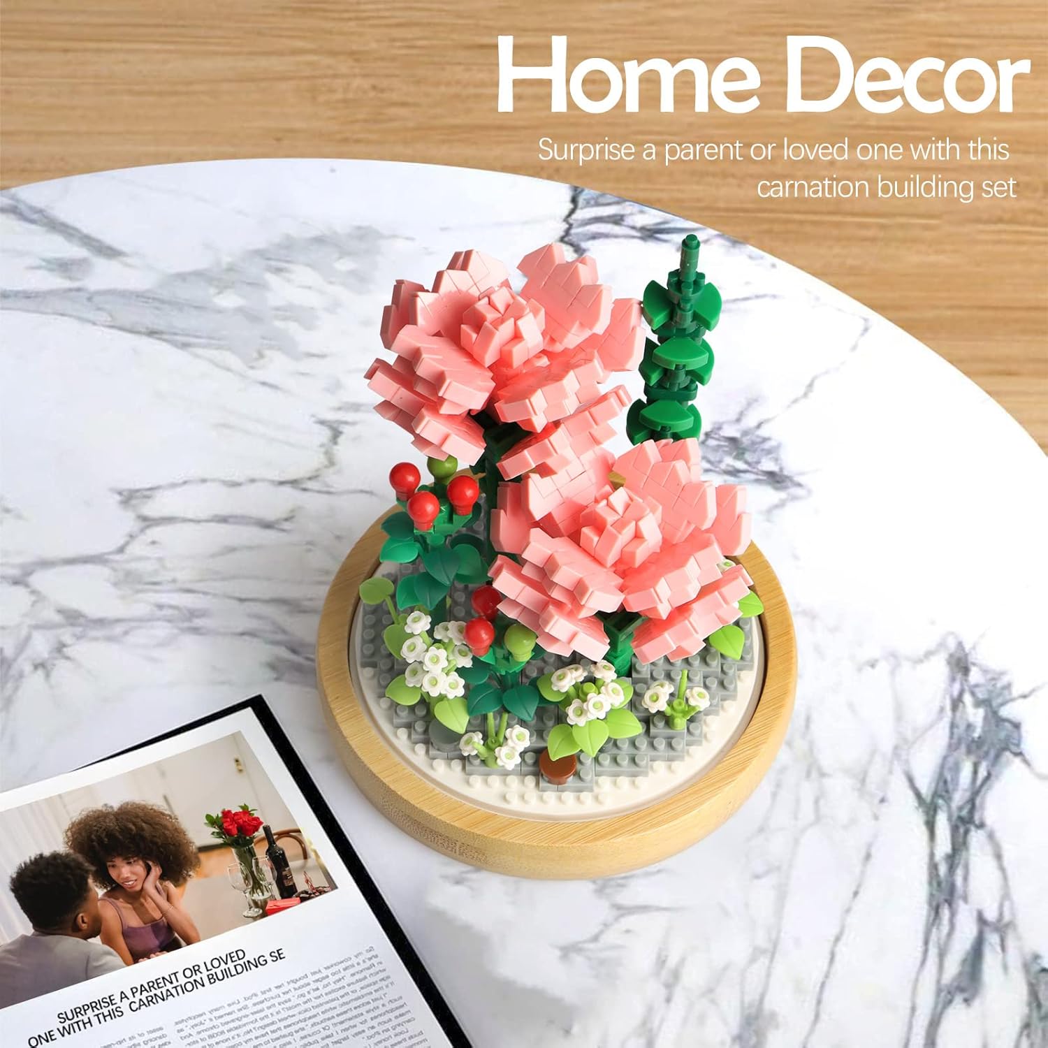 Juegos de construcción de ramos de flores, colección botánica de árbol bonsái de rosas rosadas con vitrina, mini kits de regalo para adultos,