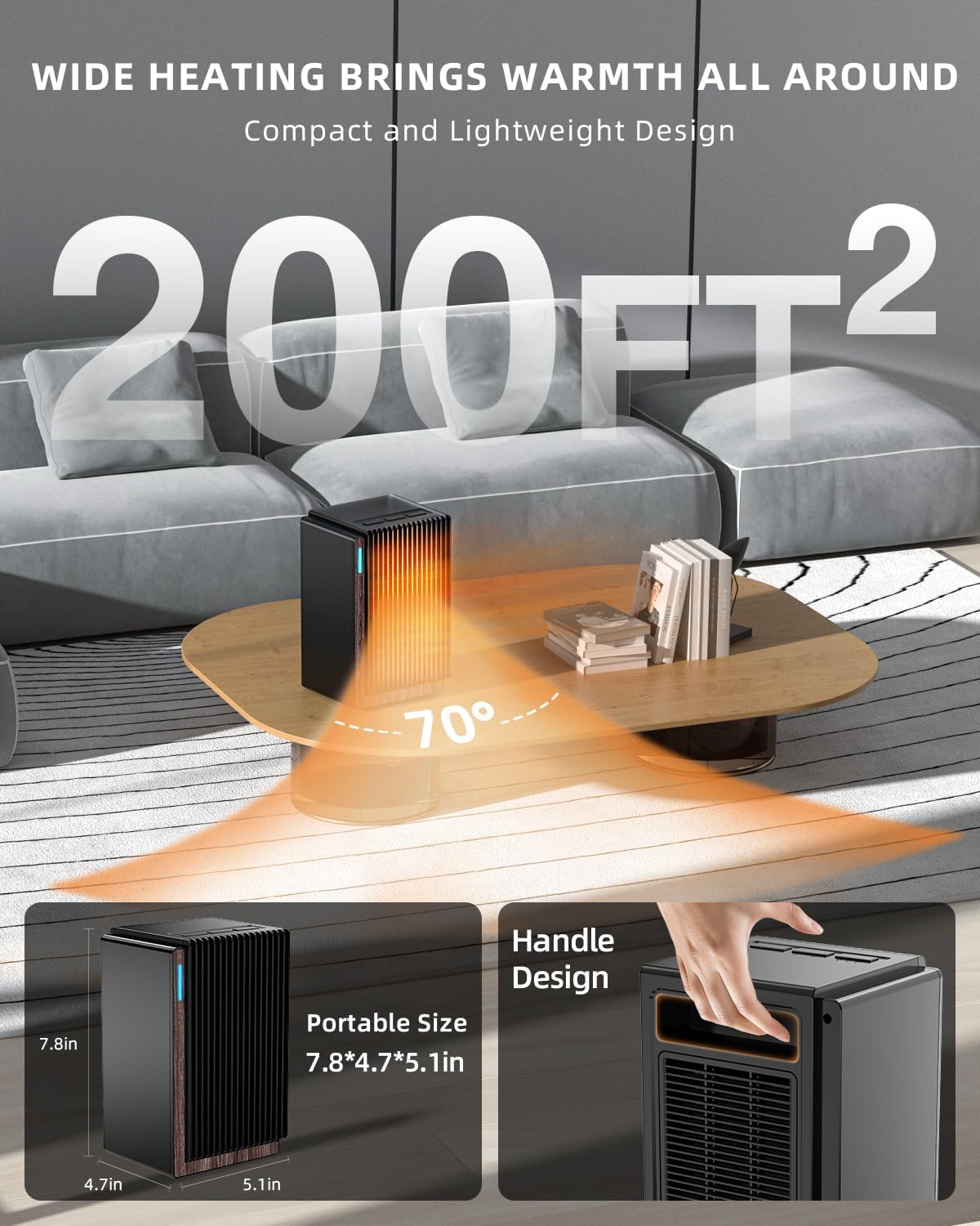 TUNISE Calentador de espacio, calentador de espacio de escritorio, calentador de cerámica PTC de 1200 W con 2 modos, temporizador de 2 a 6 horas,