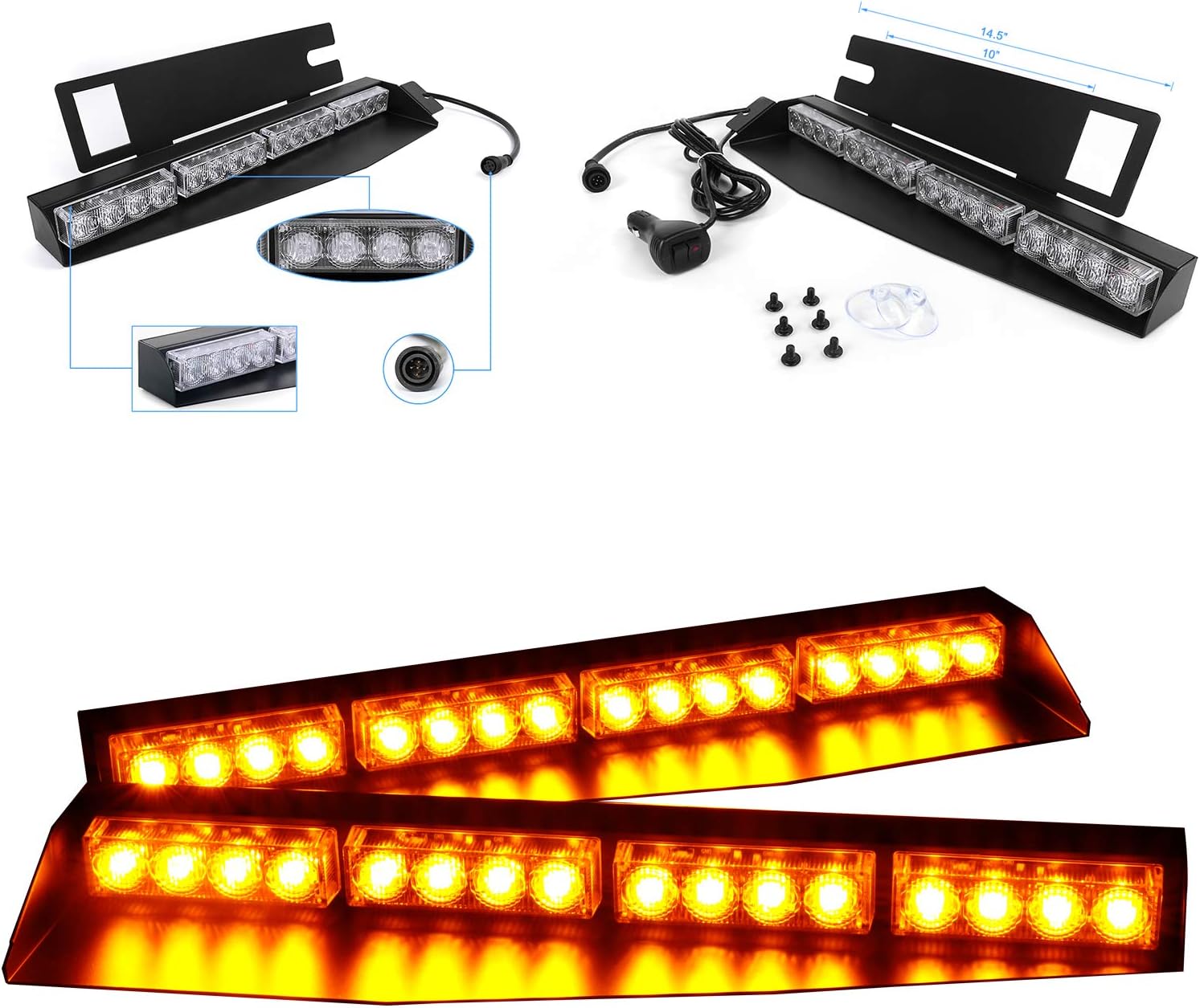 Baliza con visera LED de 32W, luz estroboscópica de emergencia para parabrisas, lámpara de tablero con plataforma con montaje separado, Ambar