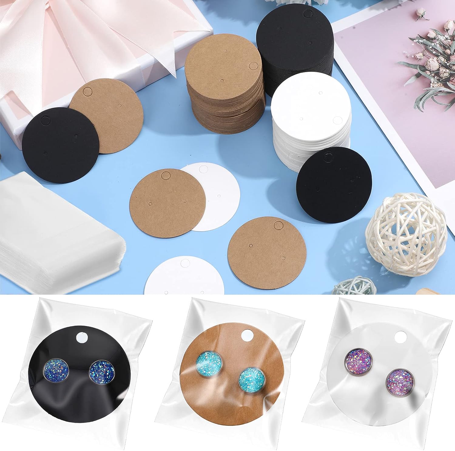 Juego de 600 tarjetas de exhibición de aretes, 300 tarjetas redondas de cartón para aretes con 300 bolsas autosellantes, 3 colores en blanco de
