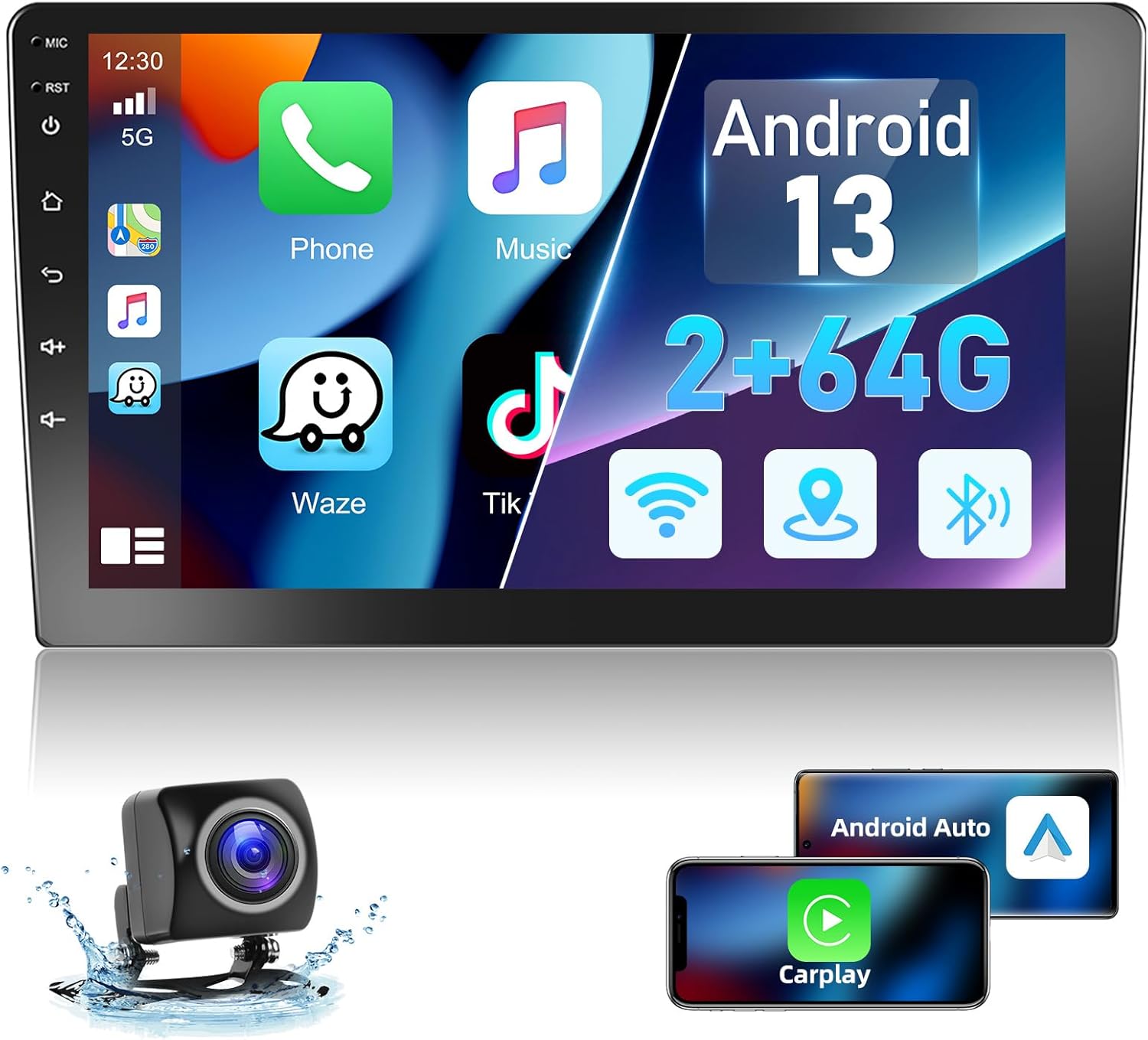 Podofo 2G+64G Doble Din Android 13 Estéreo de coche con Carplay inalámbrico Android Auto 9 “Pantalla táctil Radio de coche con WiFi Bluetooth