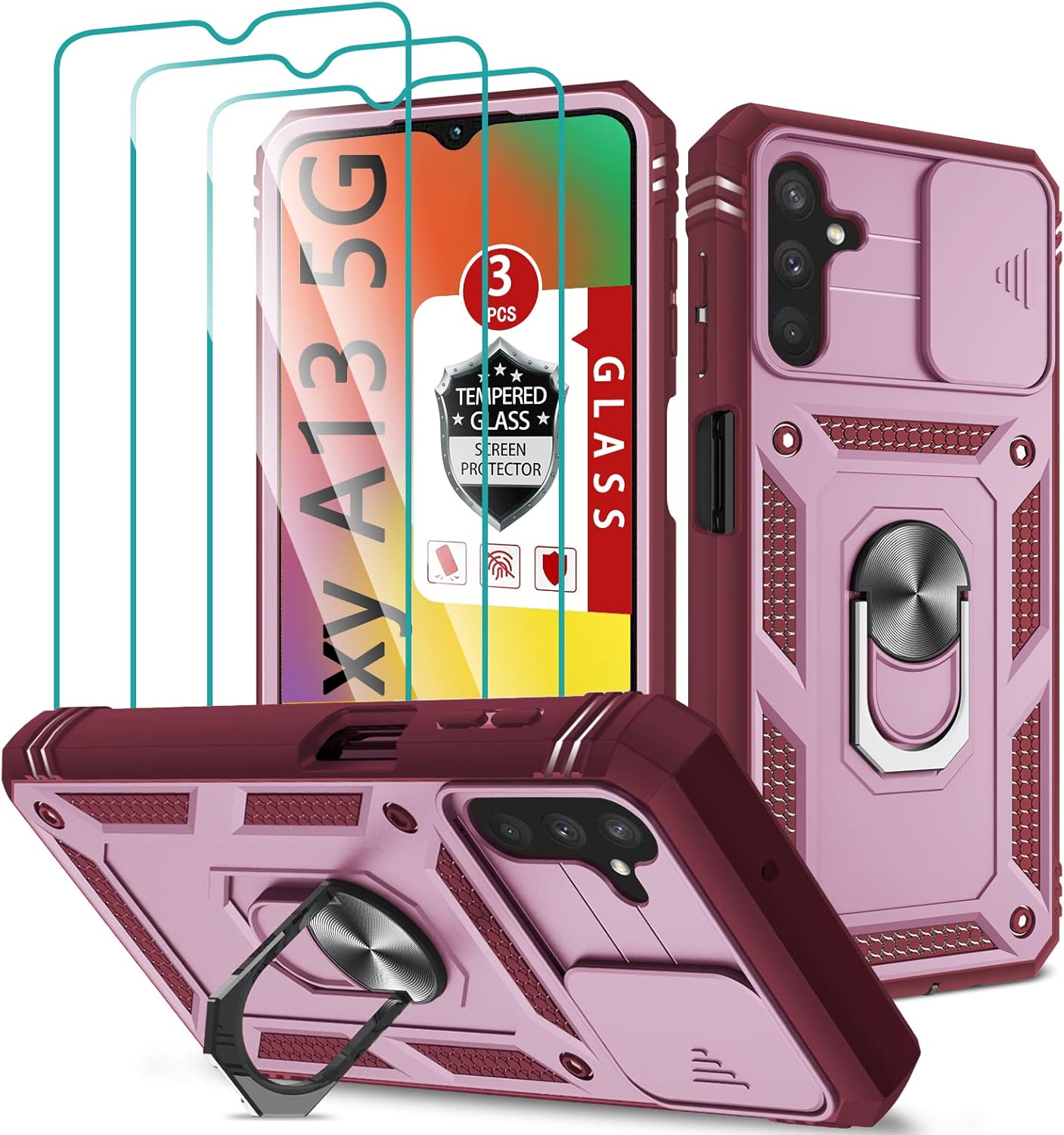 Funda para Samsung Galaxy A04S, Galaxy A13 5G con 3 protectores de pantalla de vidrio templado, soporte de anillo integrado + cubierta de cámara,