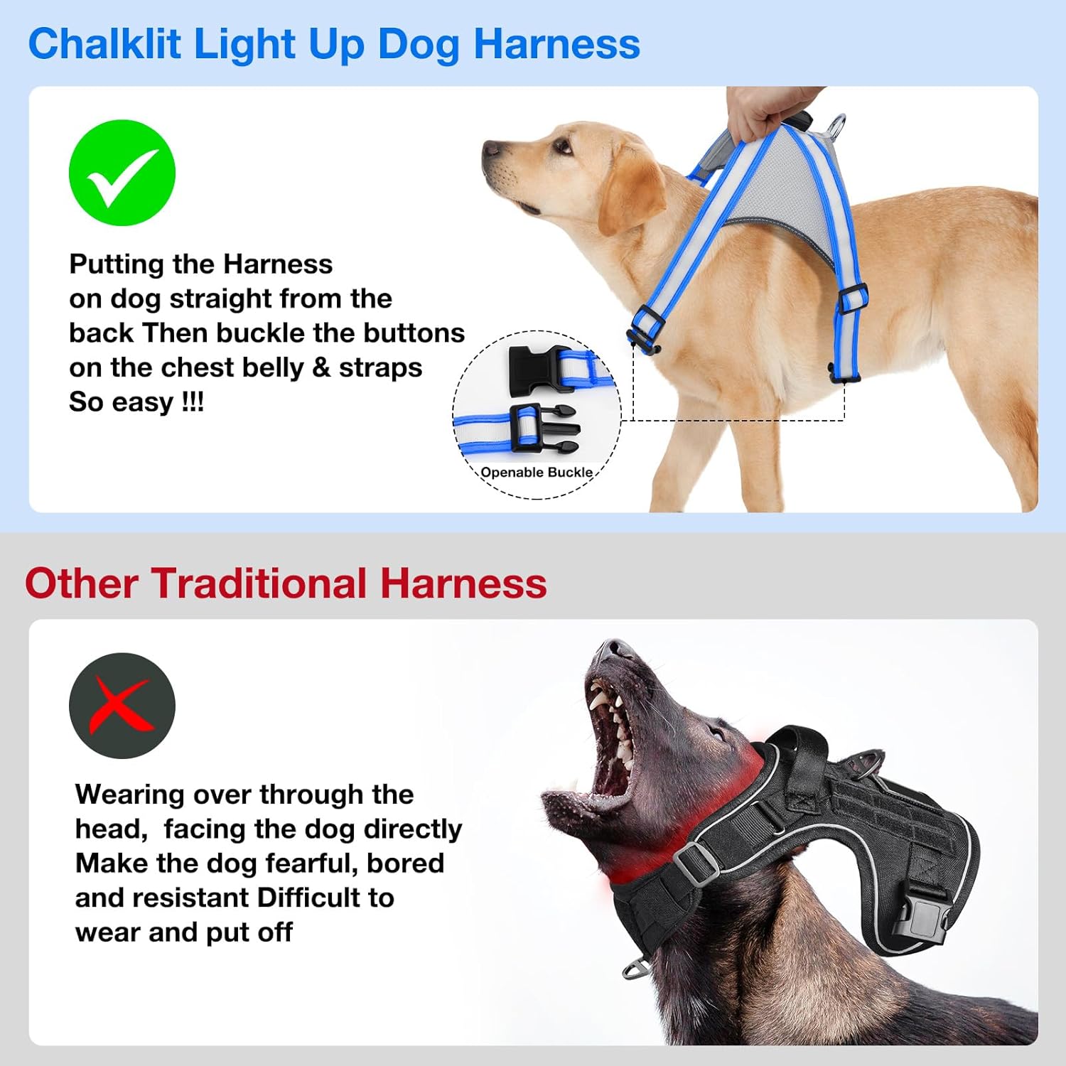 ChalkLit Arnés para perro con luces LED, sin tirones, que brilla en la oscuridad para caminar por la noche, chaleco de seguridad con luz recargable