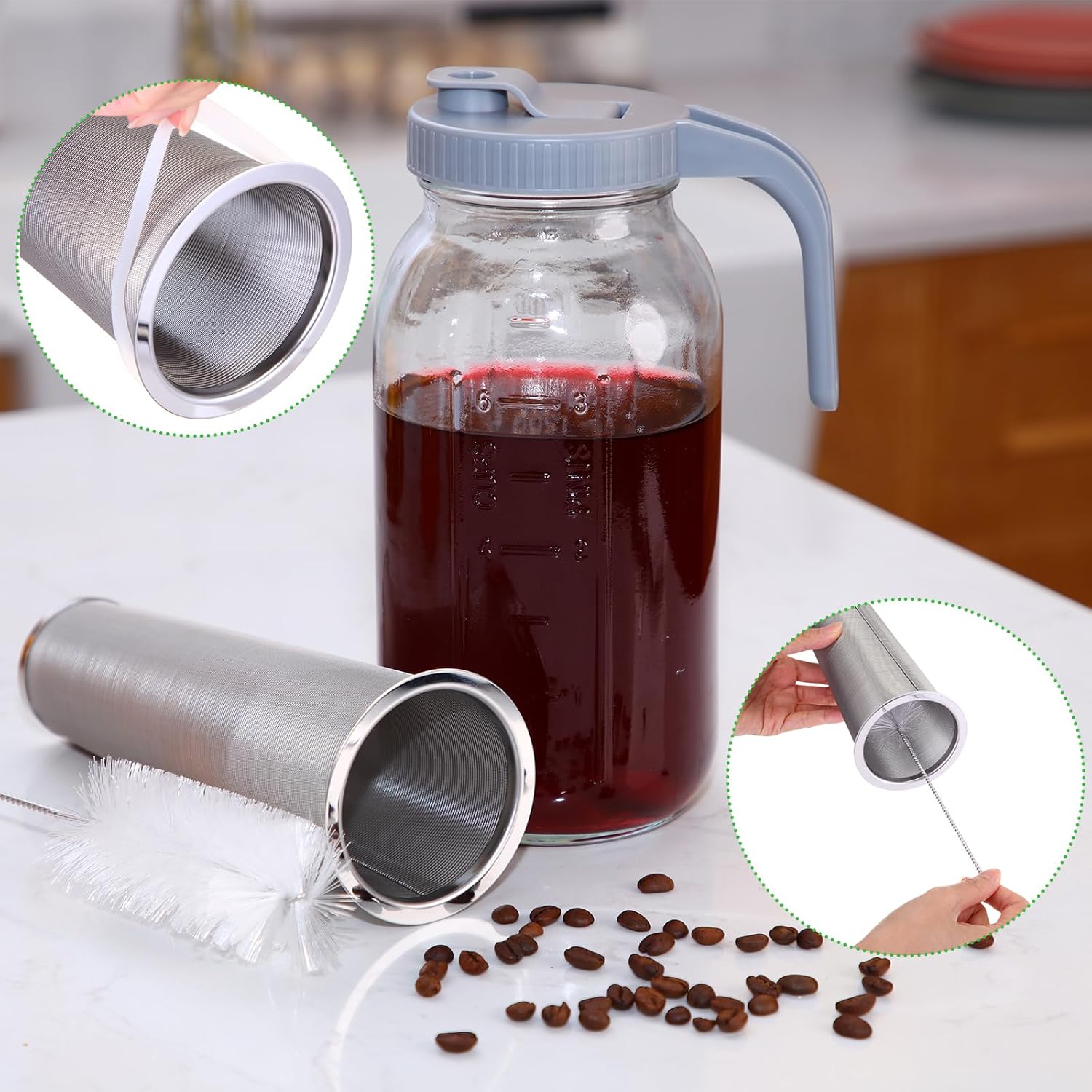 2 juegos de cafetera helada de vidrio con tapa de mango de boquilla de vertido, filtro de café y cepillo, jarra de café frío, cafetera fría, tarro