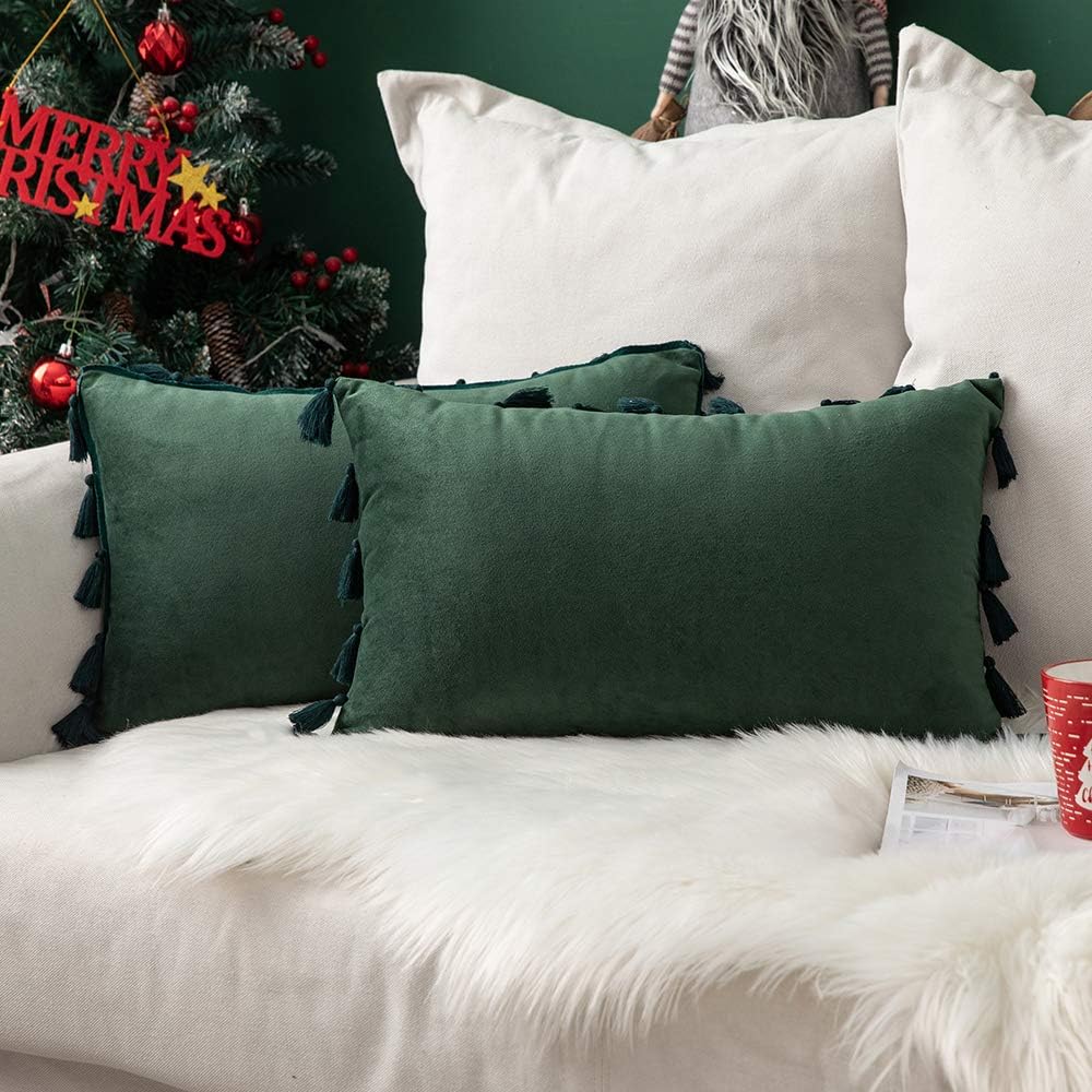 MIULEE – Paquete de 2 fundas de cojín decorativas lisas, de terciopelo suave con borlas y flecos, decoración bohemia para sillón, cama, sofá, de