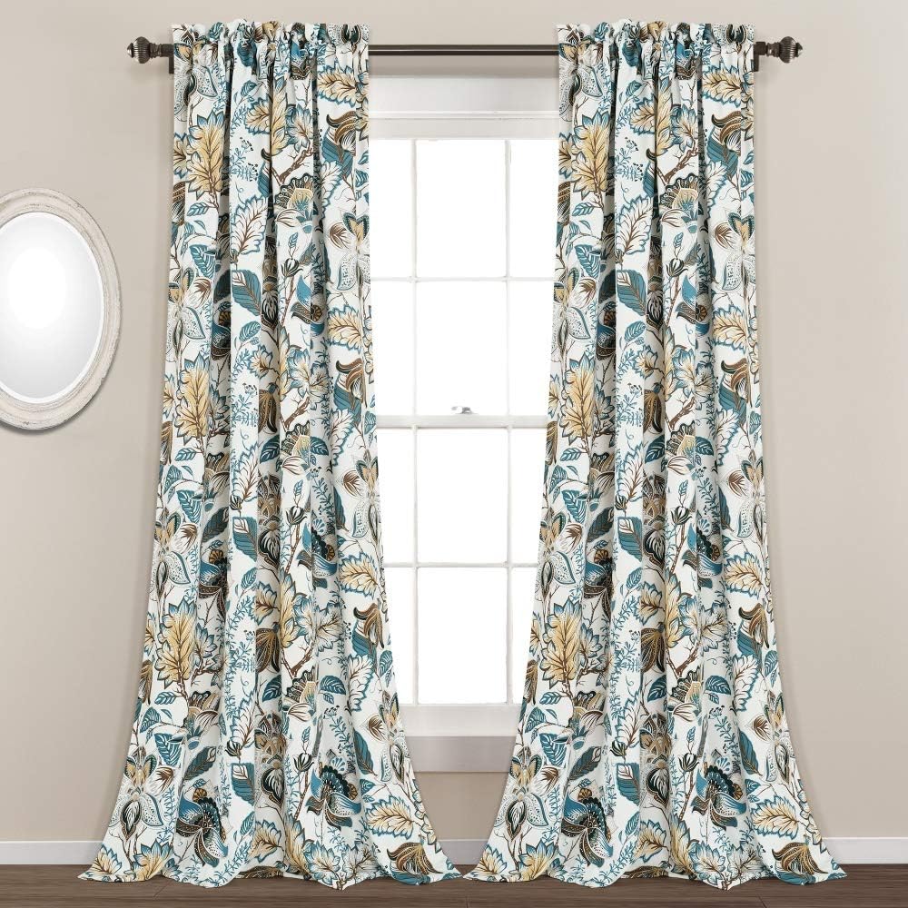 Lush Decor Cynthia Jacobean – Par de paneles de cortinas para ventana con filtro de luz, 95 x 52 pulgadas + cabecera de 2 pulgadas, turquesaneutro
