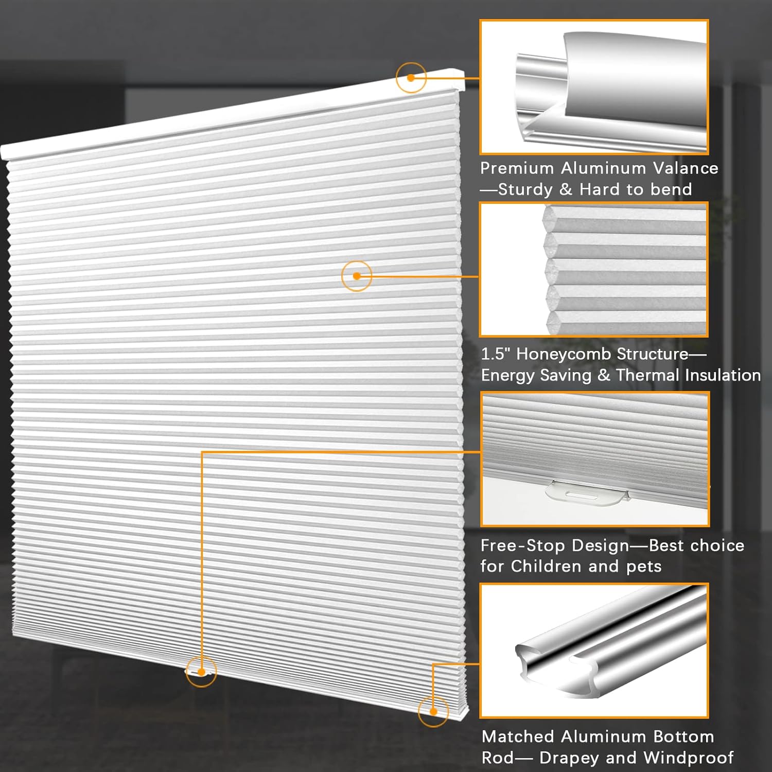 Persilux Persianas celulares plisadas con filtro de luz para ventanas (gris nublado, 47 x 64 pulgadas), persianas enrollables sin cordón, para