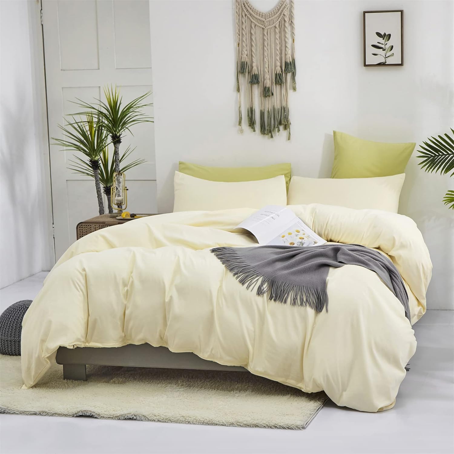 Cottonight – Juego de edredón color marfil tamaño Queen, edredón moderno de algodón suave y transpirable, color blanco crema, para mujeres y hombres