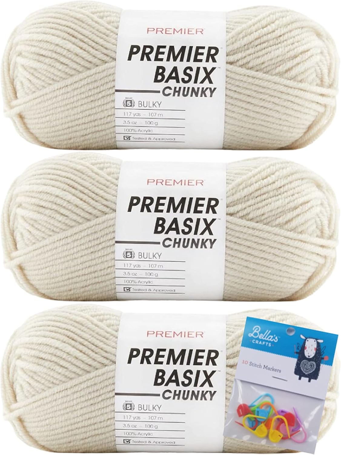 Premier Yarns Basix – Hilo grueso, 3.5 onzas, peso voluminoso #5, paquete con marcadores de puntada Bella’s Crafts (blanco antiguo)