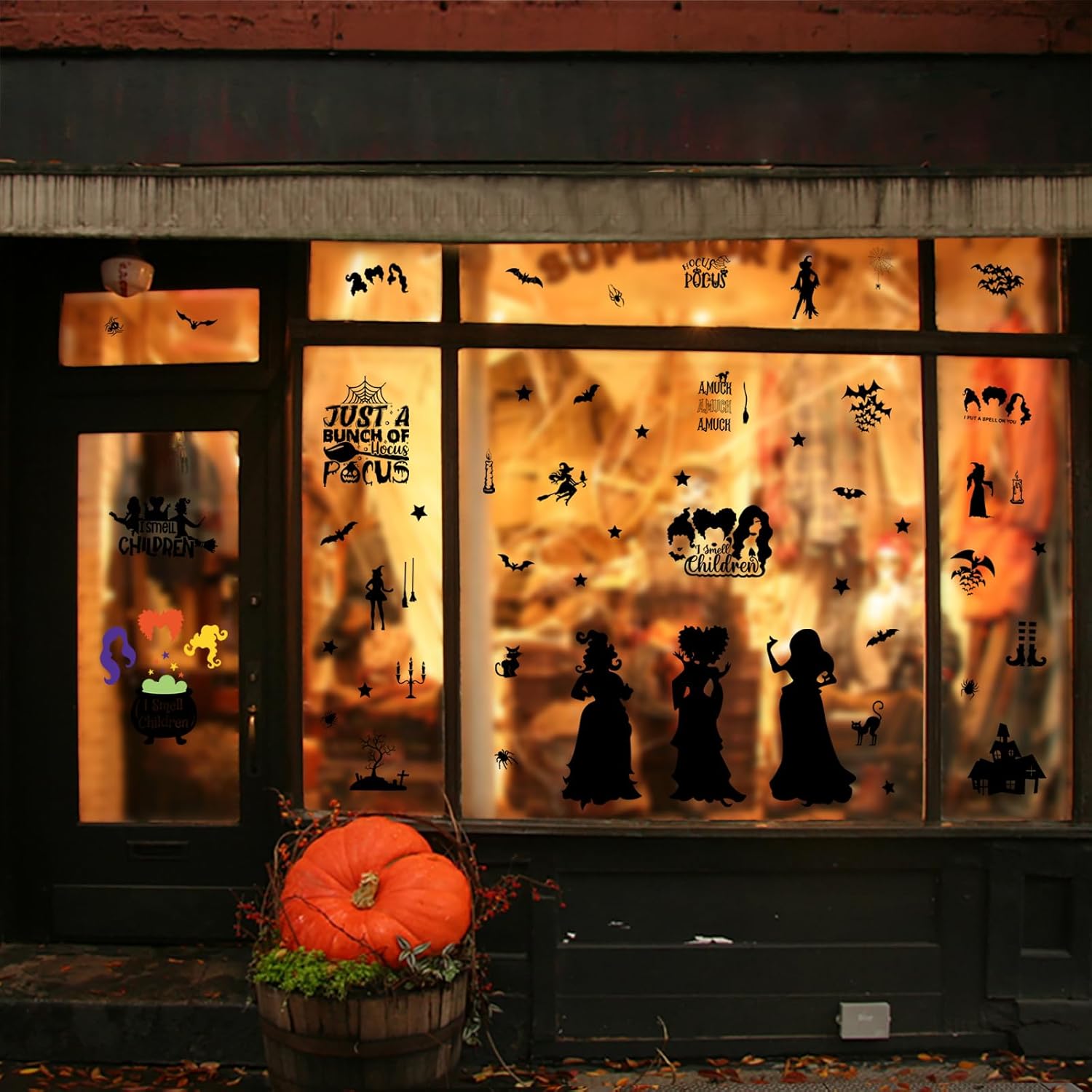 Decoraciones de Hocus Pocus, calcomanías de ventana de Halloween, 9 hojas, 91 piezas de calcomanías de Hocus Pocus de doble cara, calcomanías de