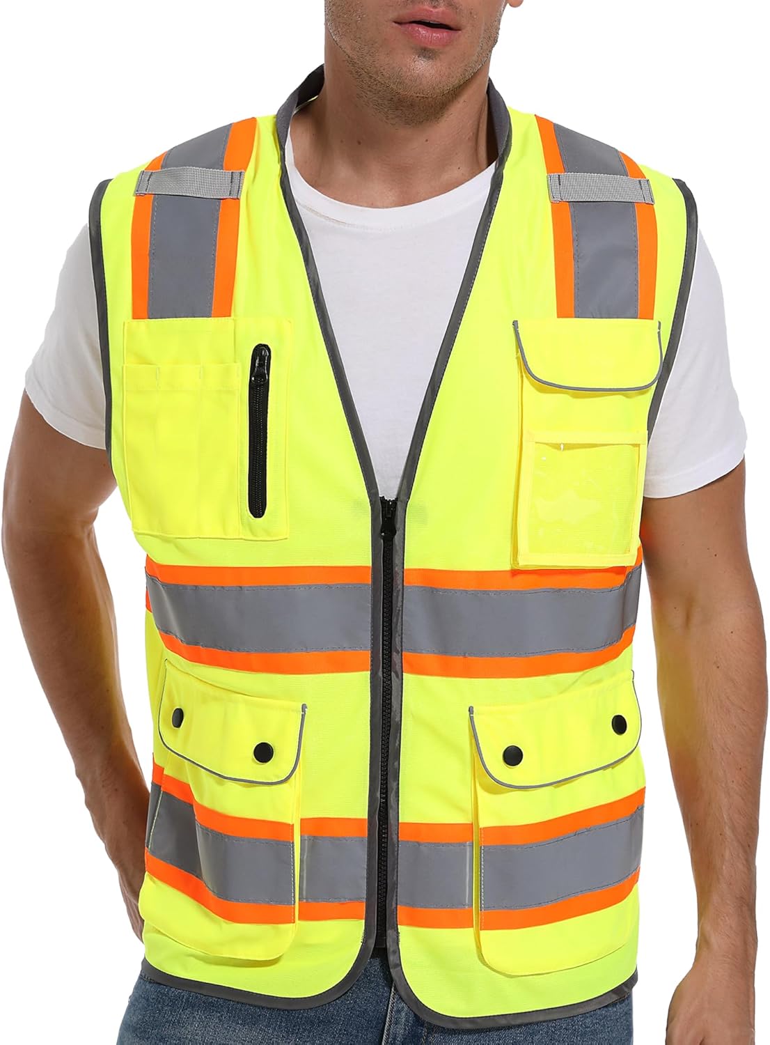 Chaleco de seguridad reflectante para hombres y mujeres, chaleco de construcción de alta visibilidad clase 2, tiras reflectantes de doble tono