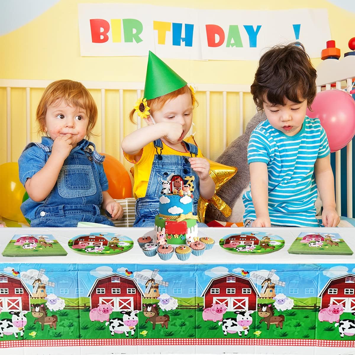 Juego de vajilla de fiesta de animales de granja, 20 platos y 20 servilletas y mantel de 71 x 42 pulgadas, suministros de decoración de fiestas