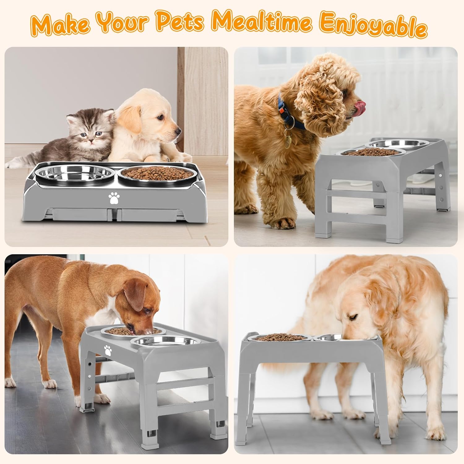 Tazones elevados para perros con altura ajustable con 2 cuencos de acero inoxidable para alimentos para perros, comedero plegable antideslizante