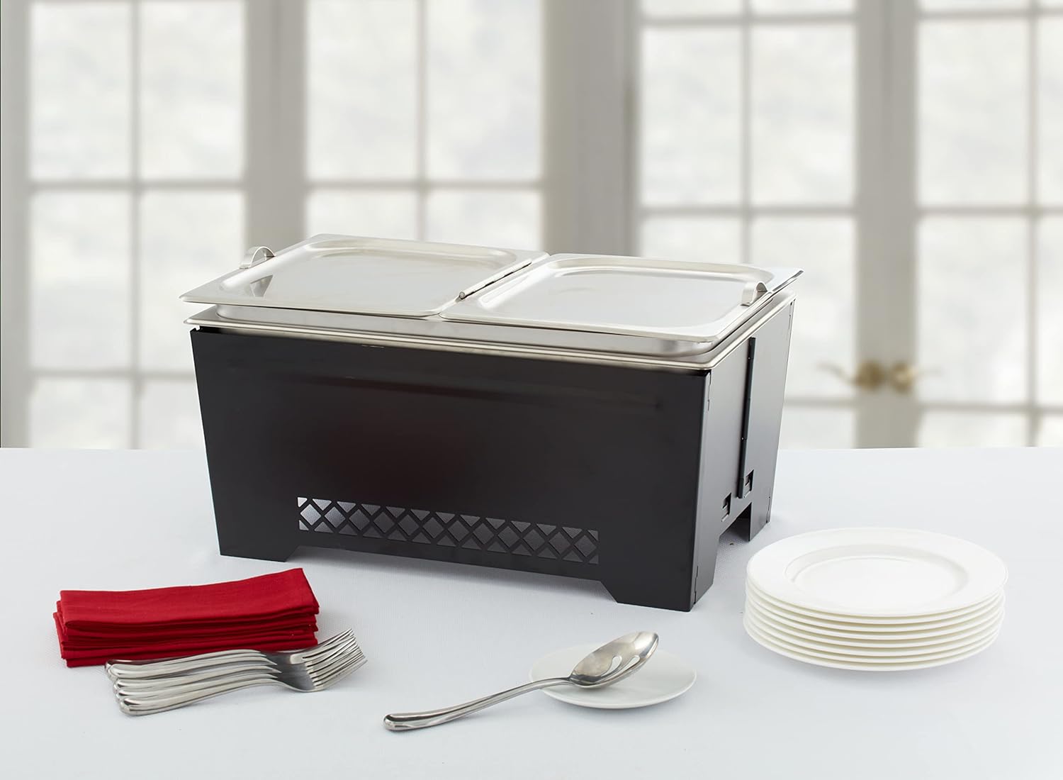 Chef Master 90253 – Soporte para calentador de alimentos, soporte de aluminio y calentador para alimentos, marco plegable resistente al viento, mesa