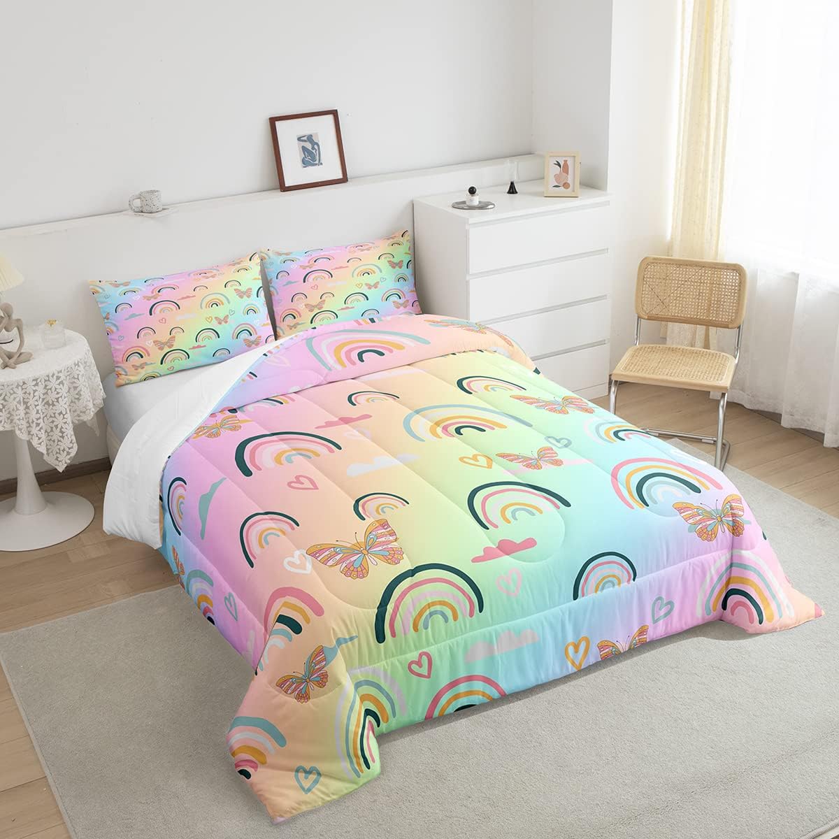 Juego de ropa de cama de arcoíris para niños y niñas, edredón de mariposas de dibujos animados, decoración de dormitorio, edredón acolchado de