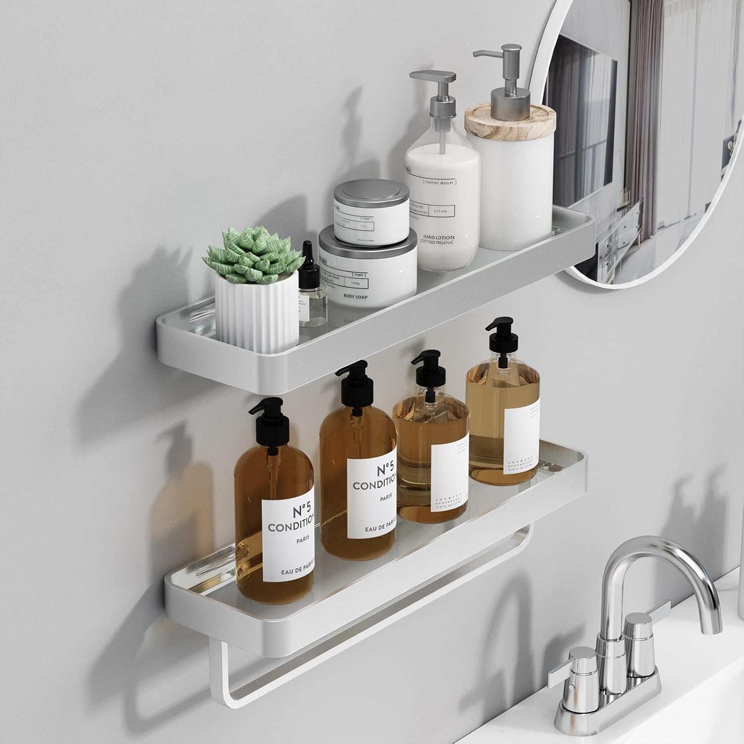 Bathroom Shelf Glass Bathroom Shelves Wall Mounted Rectangular Floating Shelves for Wall Decor Bathroom Organizer Matte Silver Set