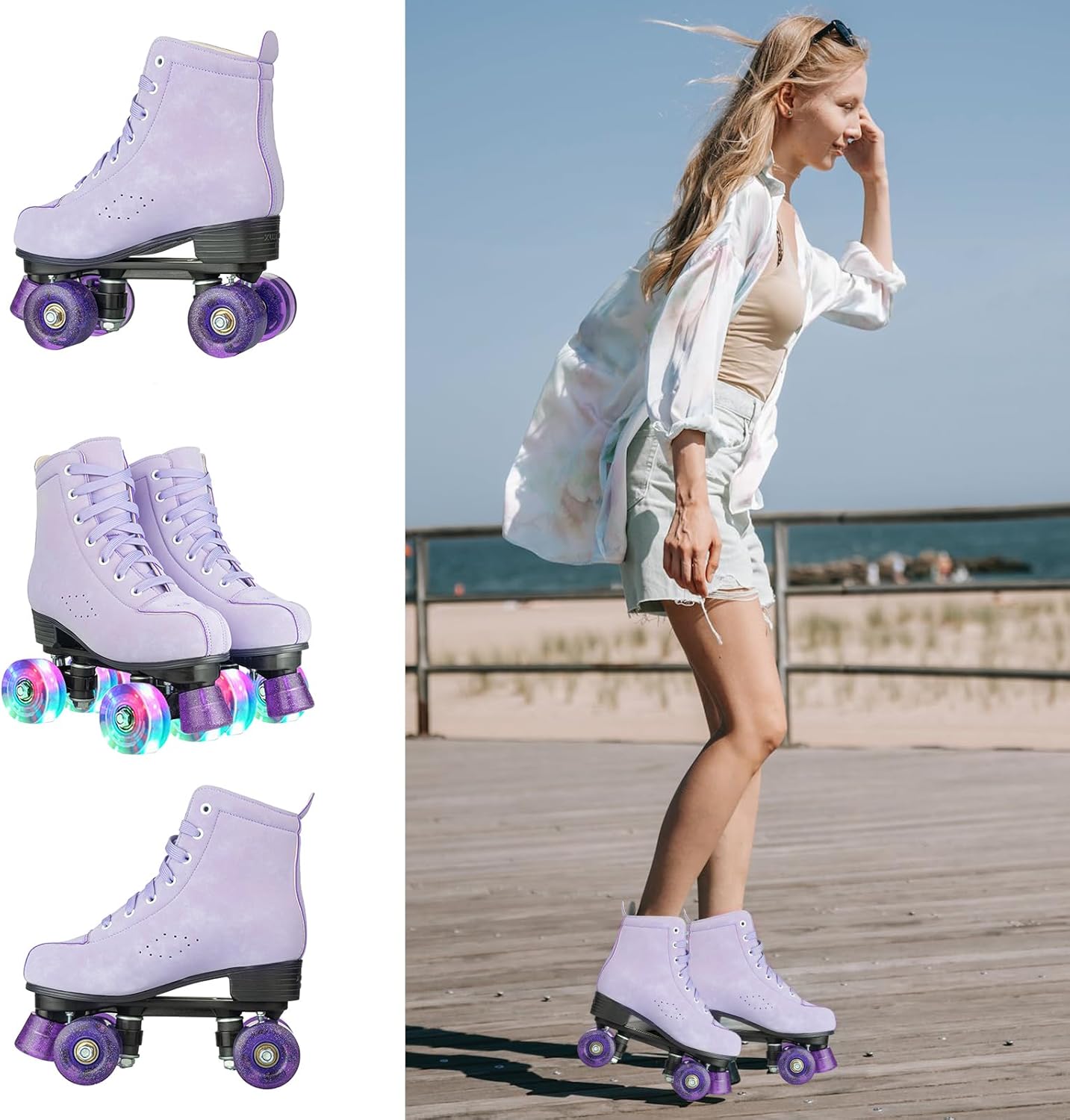 Silvertree Patines de ruedas para mujeres y hombres, de piel sintética, para adultos, patines Derby con ruedas iluminadas, cuatro ruedas brillantes,