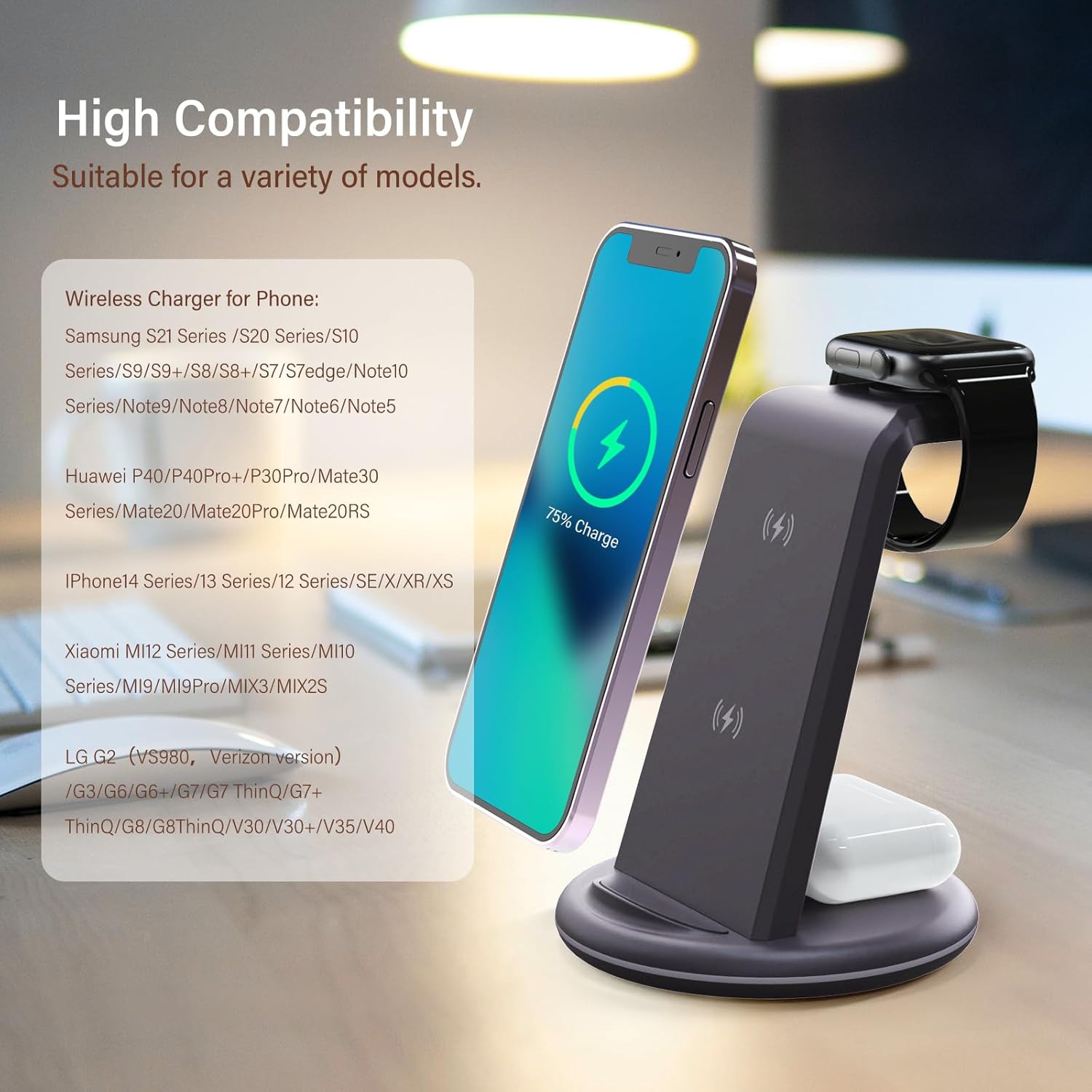 Cargador inalámbrico 3 en 1 para iPhone, base de carga rápida para múltiples dispositivos, estación de carga inalámbrica para iPhone