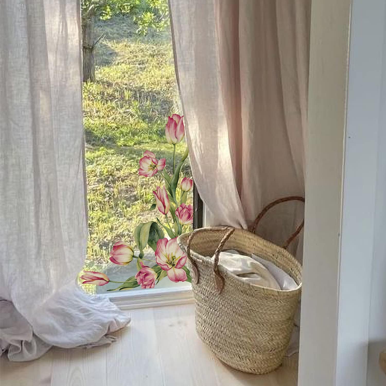 Calcomanías vintage de primavera para ventana, diseño de tulipán de primavera, adhesivo transparente para ventana, película de vidrio de doble cara