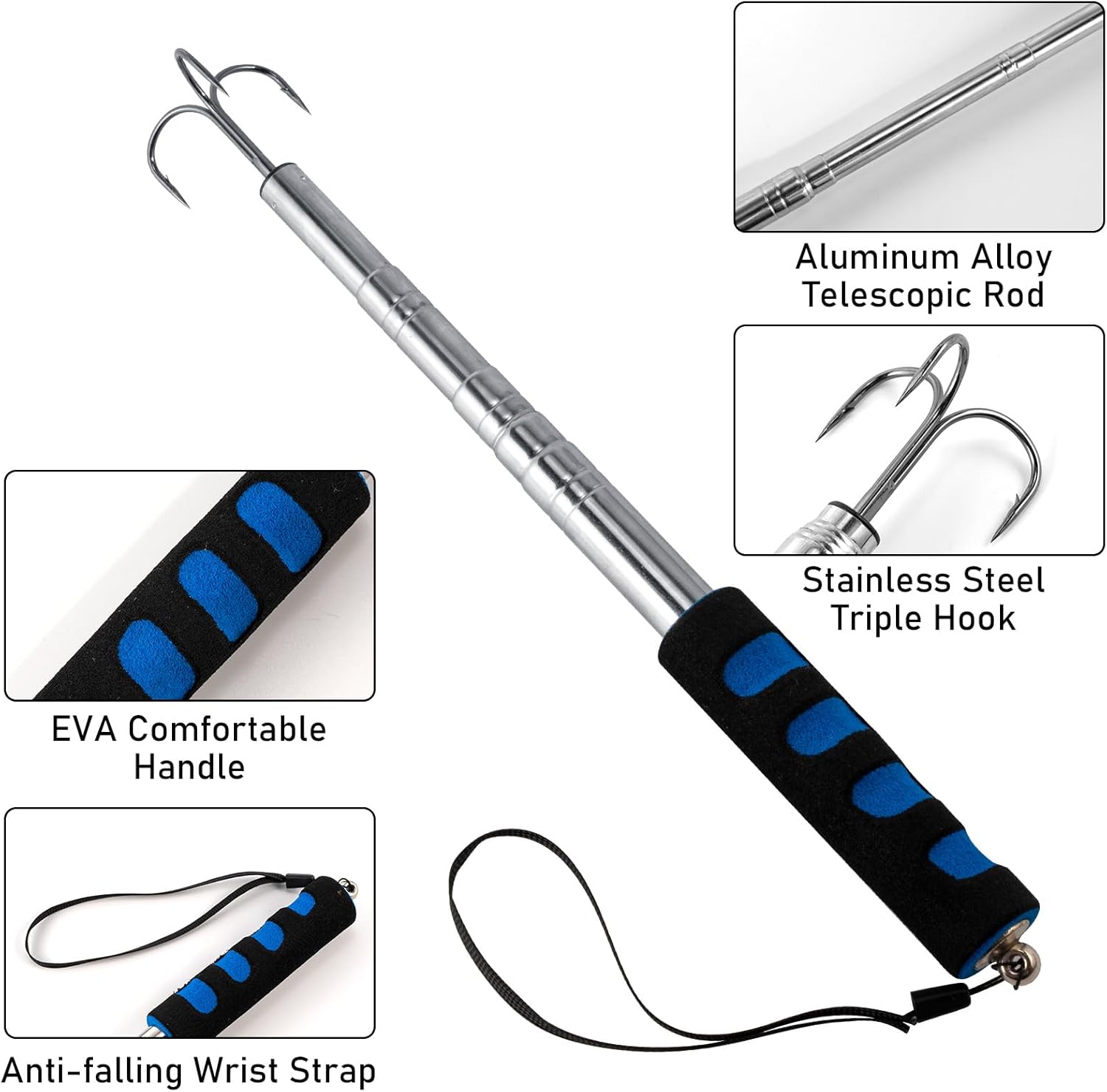 Gaff de pesca telescópica, Lanza de pesca de triple gancho de acero inoxidable, Poste telescópico de aleación de aluminio con gancho, Gaff de
