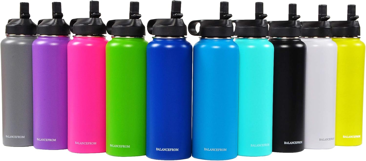 BalanceFrom – Botella de agua de acero inoxidable aislada al vacío, con doble pared, 3 tapas incluidas, boca ancha y estándar, varios colores y