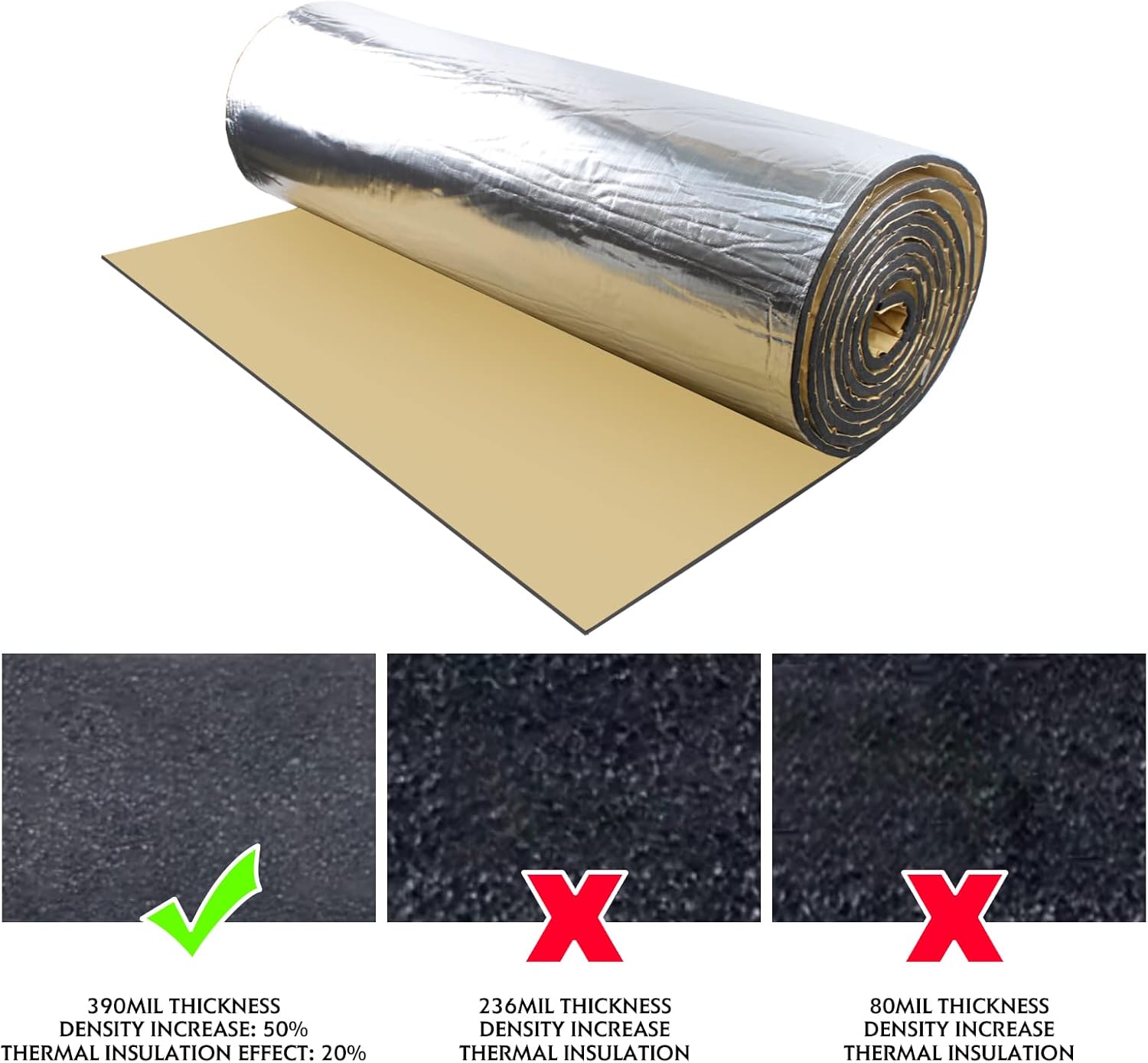 Amortiguación de sonido y almohadilla térmica de 390 mil 3 pies x 3.2 pies – Aislamiento térmico con respaldo de aluminio de 100 UM, 77.2 lbsm,