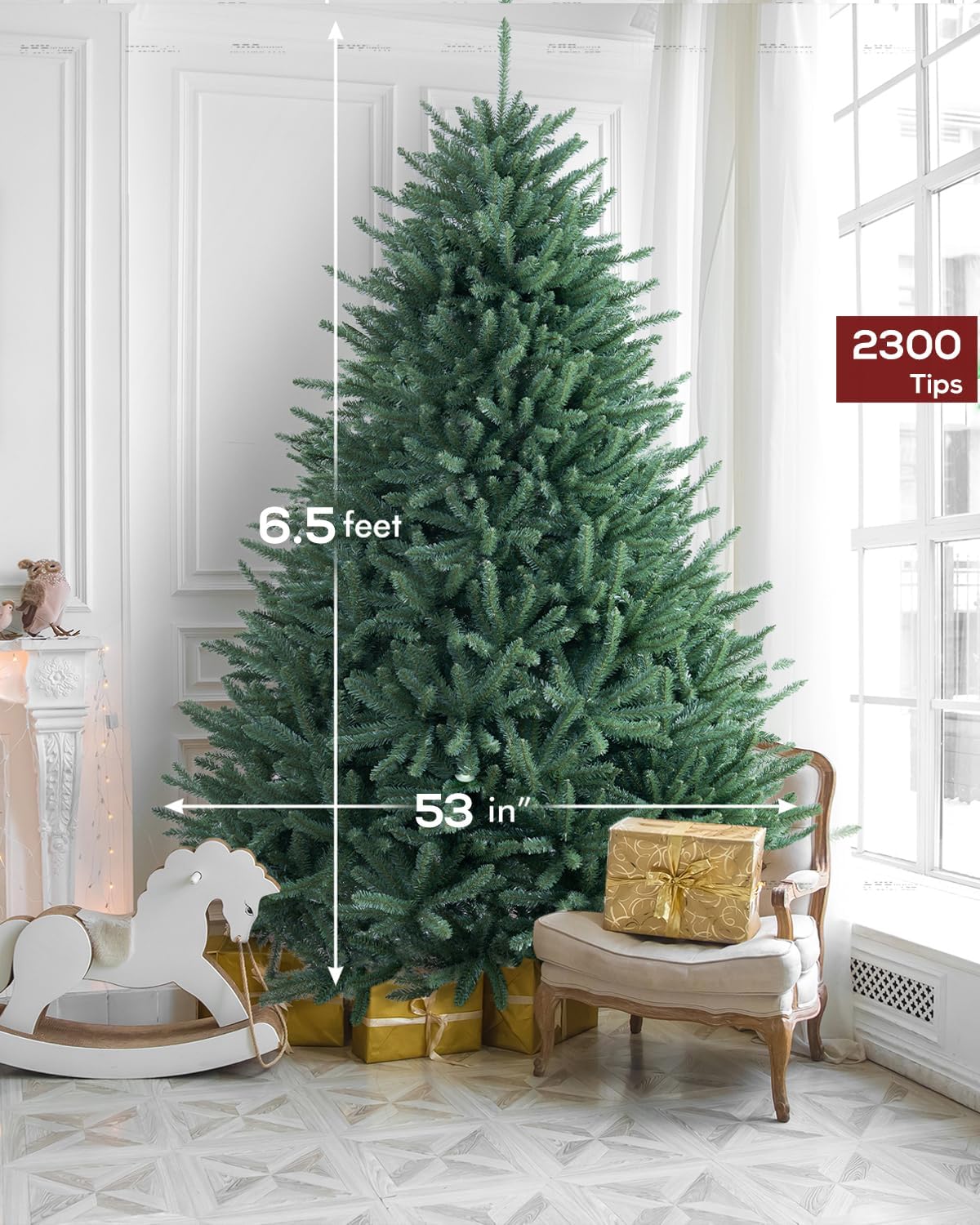 AMERZEST Árbol de Navidad artificial preiluminado de 6.5 pies de abeto azul de alta calidad con 700 luces transparentes, árbol de Navidad de abeto
