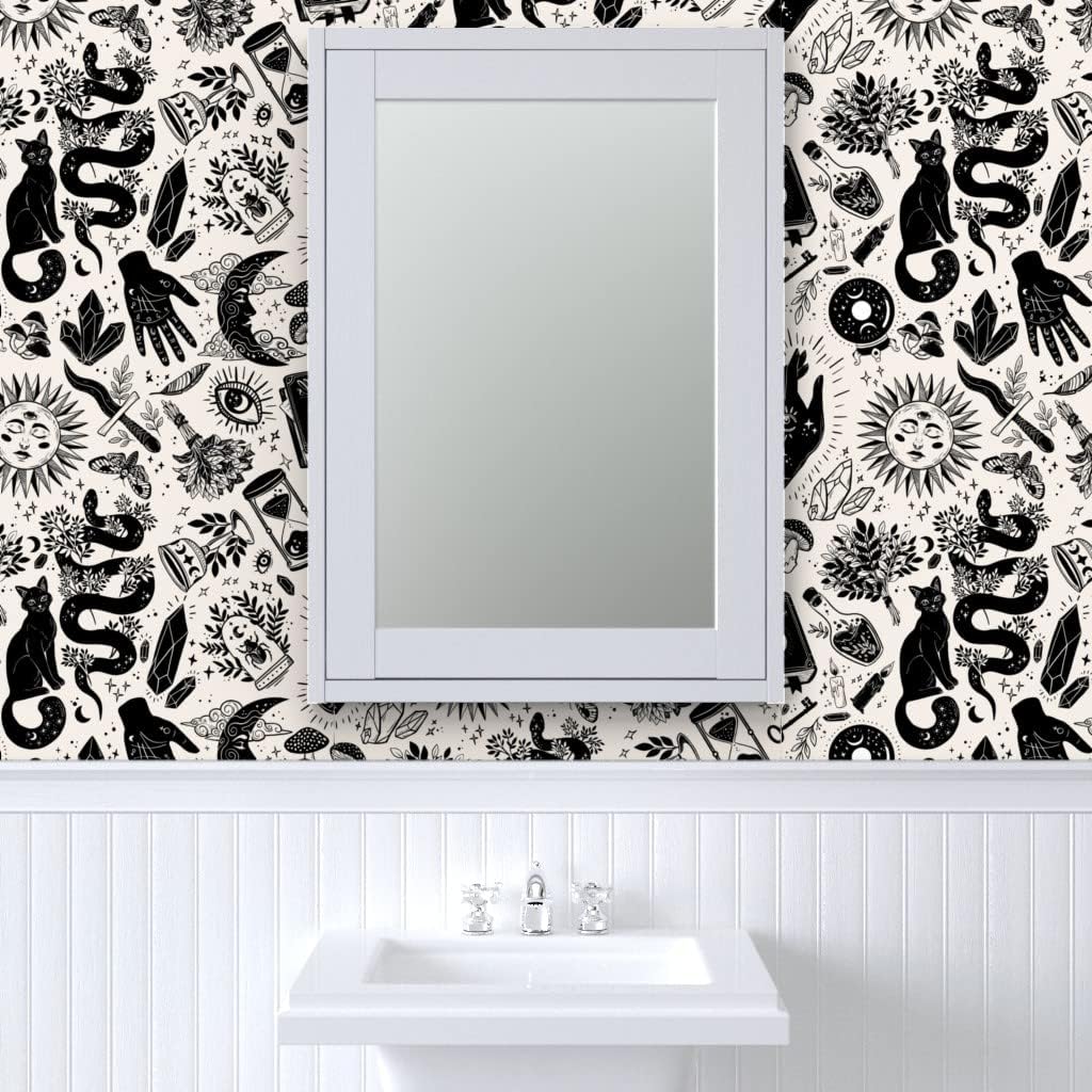 Spoonflower Papel tapiz para despegar y pegar, color negro, blanco, gótico, gótico, mágico, de Halloween, bruja, monocromático, extraíble,