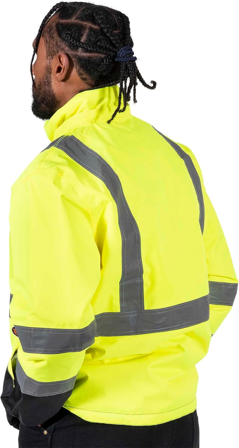 Pioneer Chaqueta de seguridad reversible – Chaqueta impermeable transpirable para hombre y mujer – Amarillo de alta visibilidad – Cinta reflectante