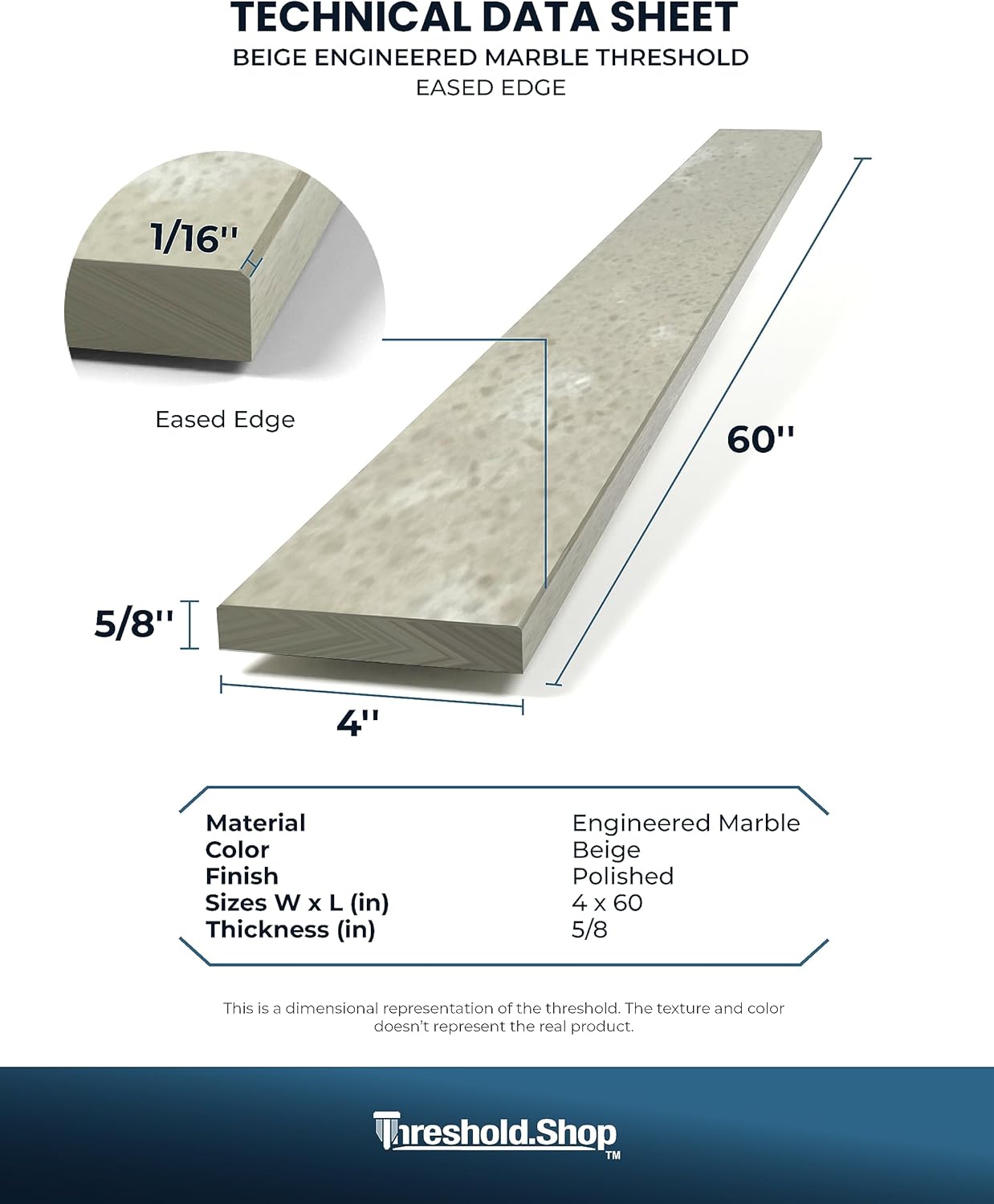 Threshold.Shop Borde de ducha de 60 pulgadas  Umbral de mármol de ingeniería beige para sistemas de bandeja de ducha Schluter Kerdi y azulejos Redi