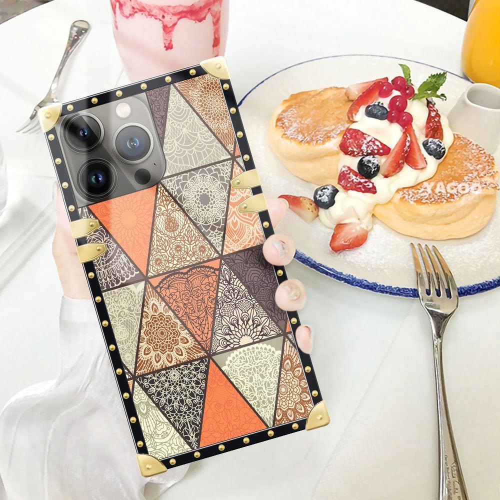 Funda cuadrada compatible con iPhone 14 Pro Max (6.7 pulgadas), diseño retro de mandala dorado, de lujo, suave TPU duro, parte trasera de