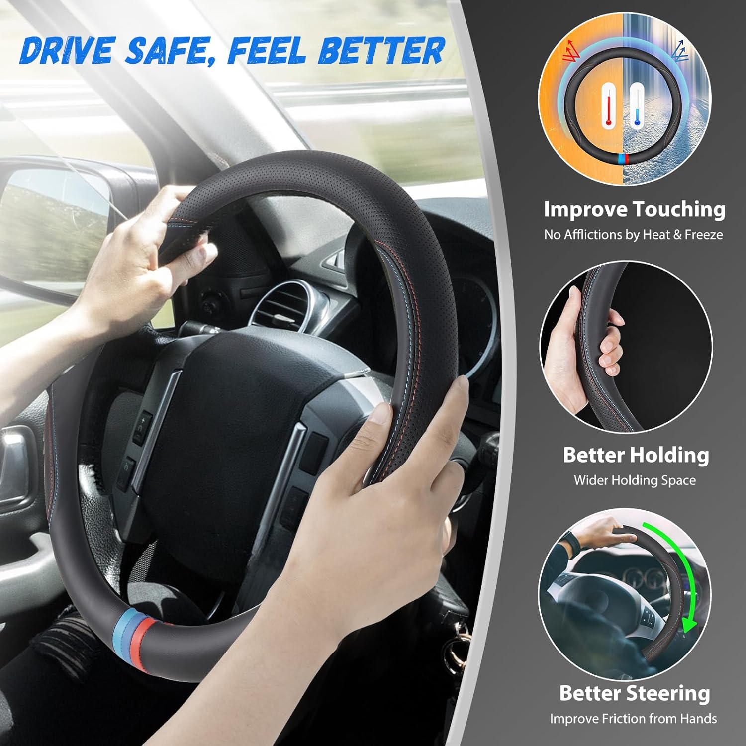 Funda para volante, 15 pulgadas, universal, color M, compatible con BMW, diseño de tres colores, antideslizante, estilo deportivo
