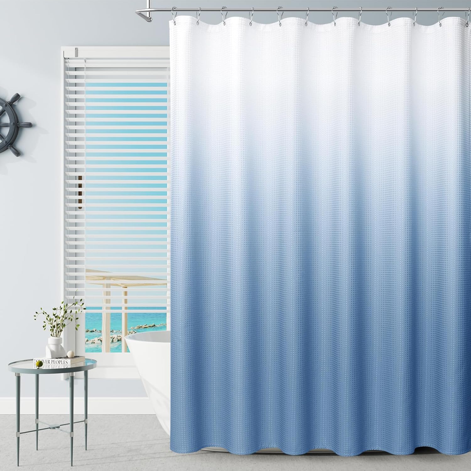 Juego de cortina de ducha de baño azul mezclilla con ganchos, cortina de baño de tejido gofre de 230 GSM, accesorios de decoración de tela repelente