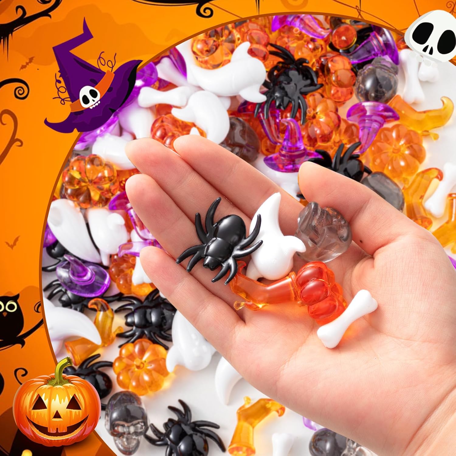 Deekin Mini juguetes de fantasma realistas de Halloween, juguetes de araña, relleno de jarrón, mini sombrero de bruja acrílico, cabeza de calavera,