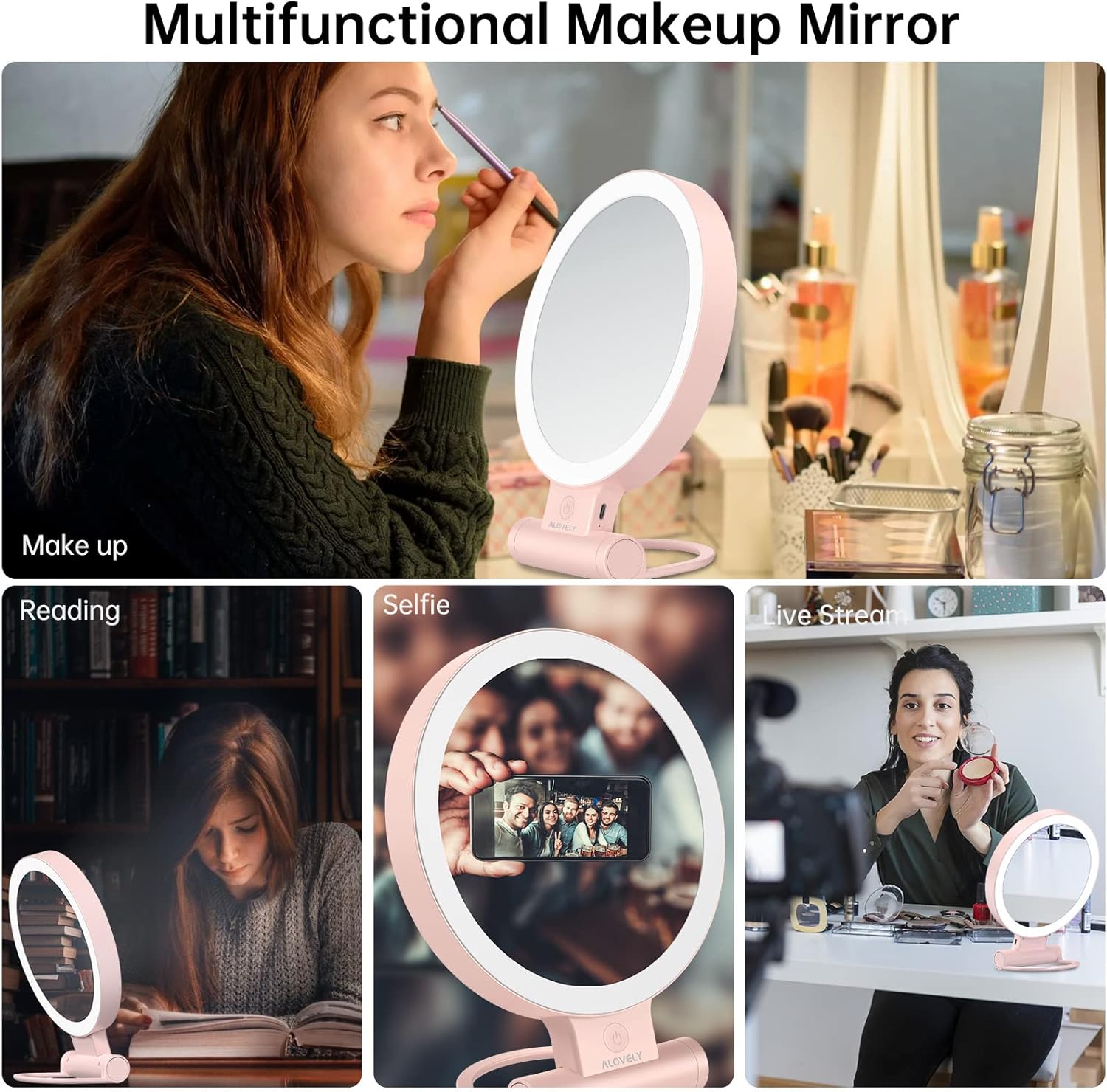 Espejo de aumento de viaje con luz, espejo de maquillaje iluminado con aumento de 1X10X, espejo de tocador LED portátil con brillo de iluminación de