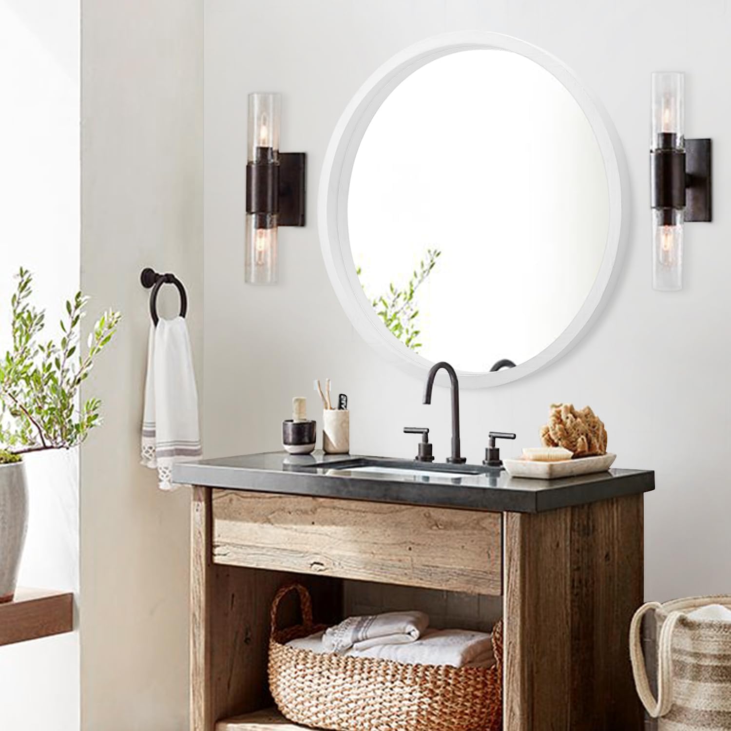 Espejo de pared circular de 20 pulgadas para decoración del hogar, espejo redondo blanco para baño, espejo de marco de madera montado en la pared