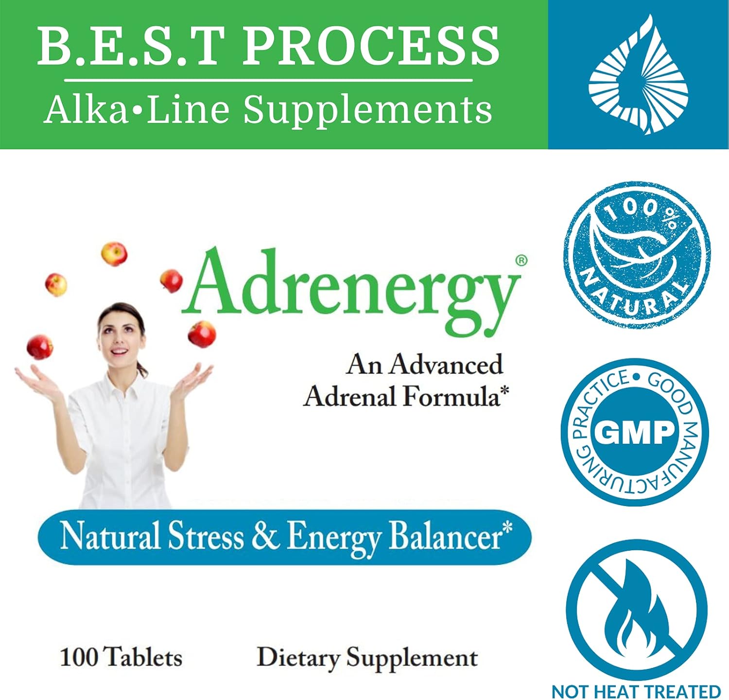 Adrenergy Best Process Alkaline  Apoyo suprarrenal natural con extracto de glándula suprarrenal, adaptógenos, vitaminas y minerales